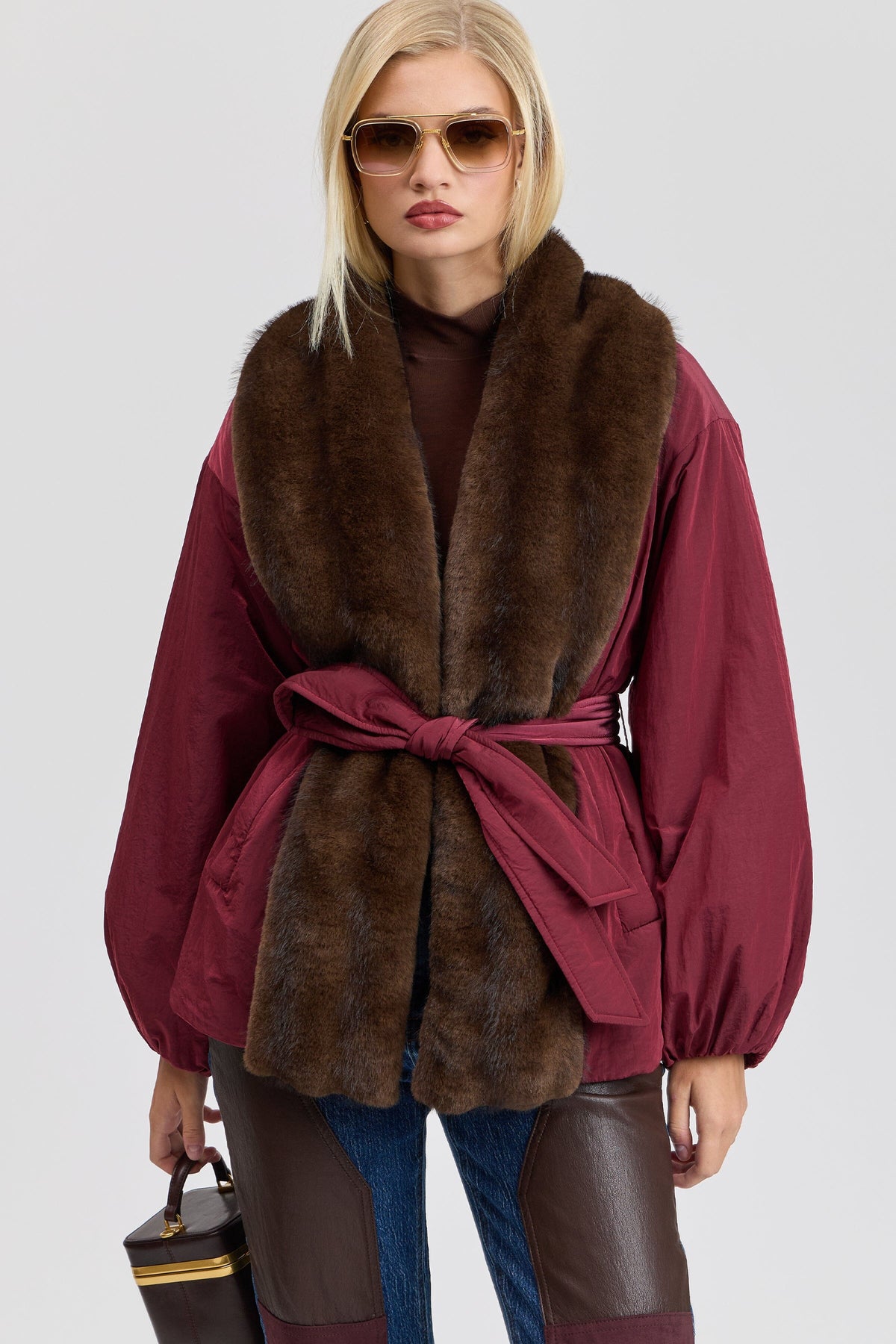 Red faux fur coat with a removable belt and balloon sleeves - Shop women's cute red parka jackets by Avec Les Filles.