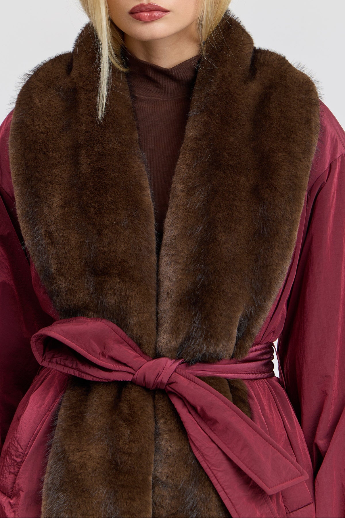 Nylon red fur jacket with a removable belt and balloon sleeves - Shop women's cute red parka jackets by Avec Les Filles.