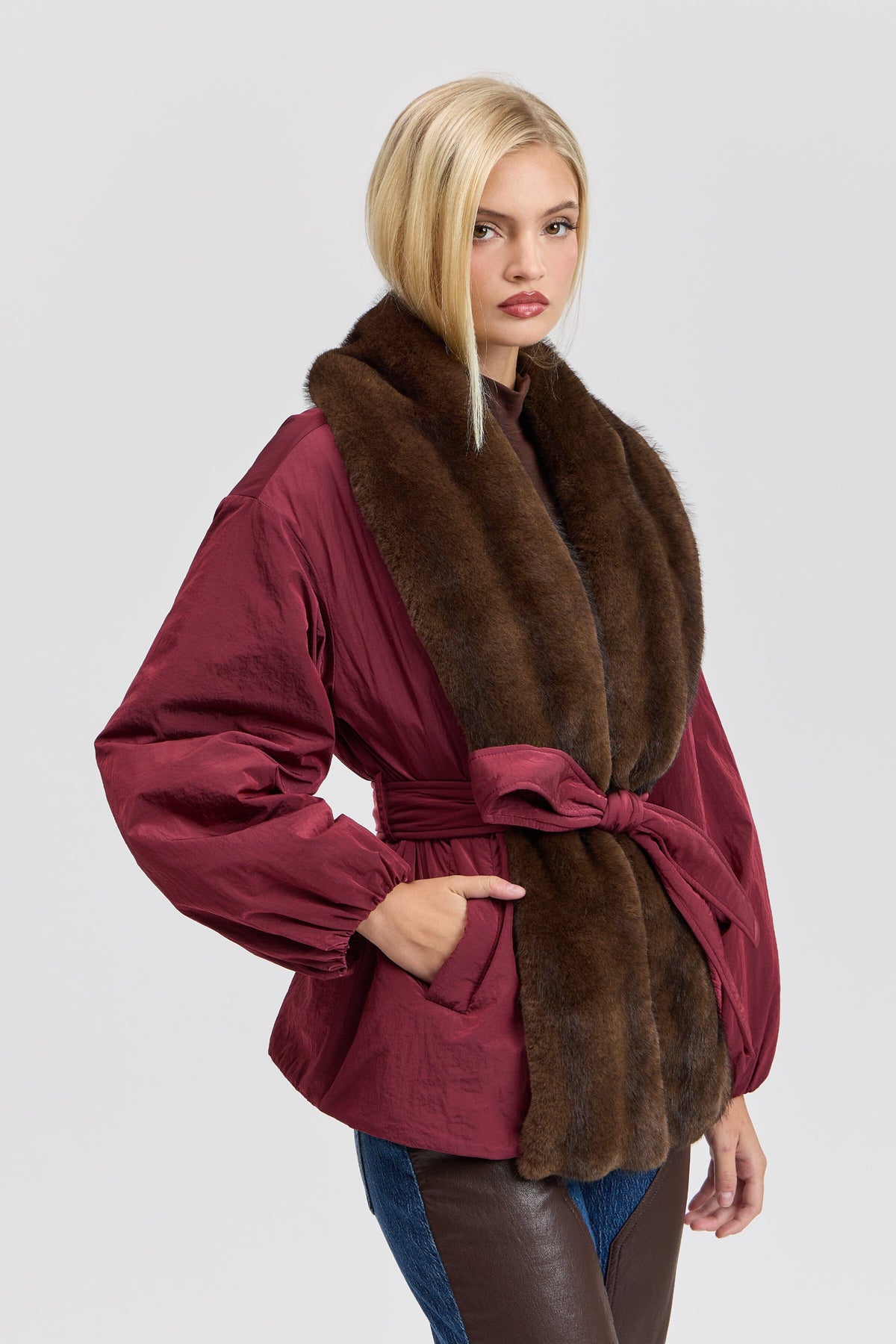 Nylon red fur jacket with a removable belt and balloon sleeves - Shop women's cute red parka jackets by Avec Les Filles.