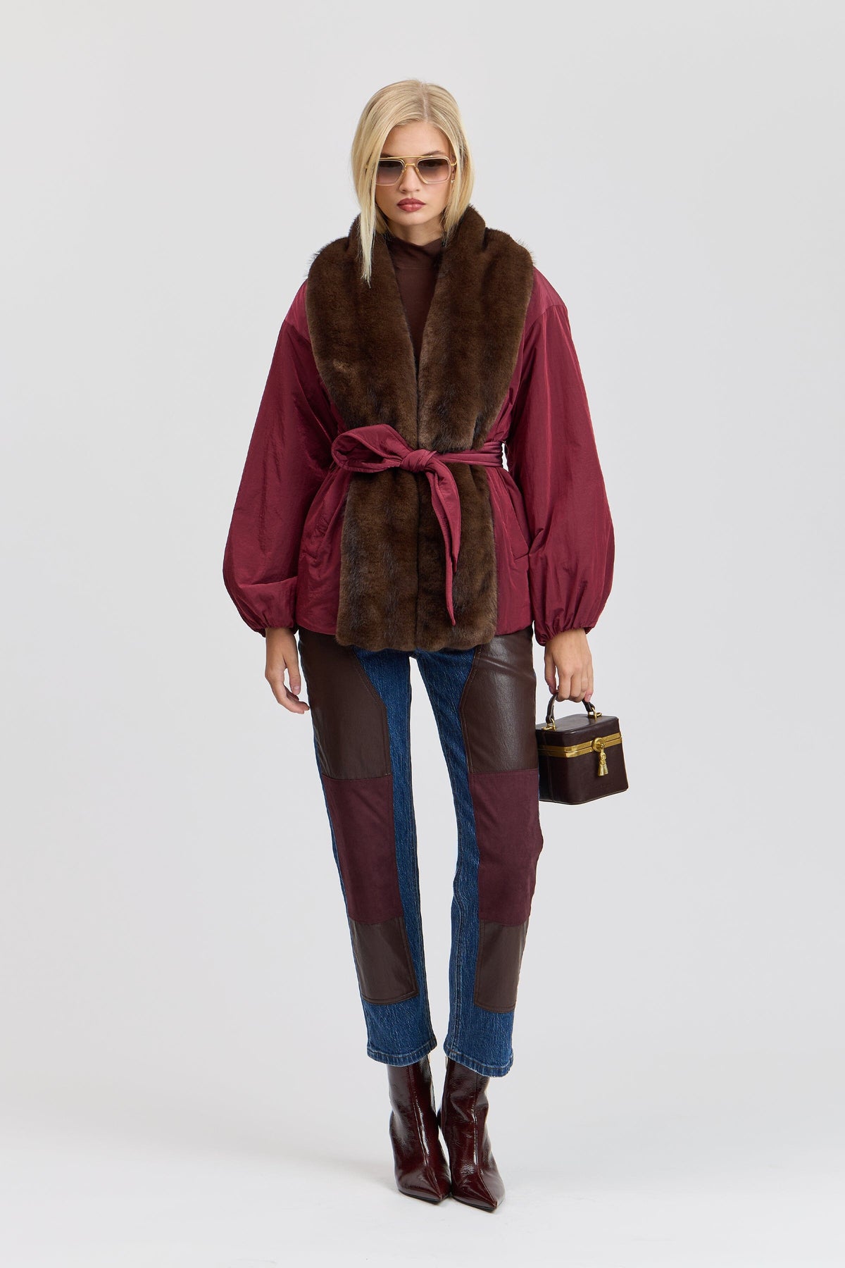 Red faux fur jacket with a removable belt and balloon sleeves - Shop women's cute red parka jackets by Avec Les Filles.
