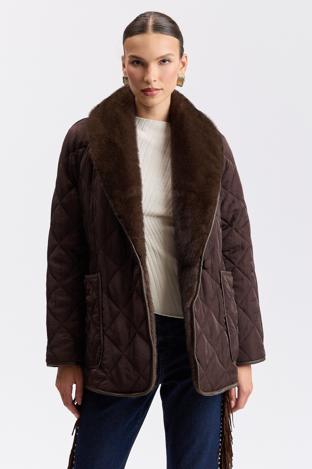 Quilted dark brown faux fur jacket with shawl collar and long sleeves - Shop women's jackets by Avec Les Filles.