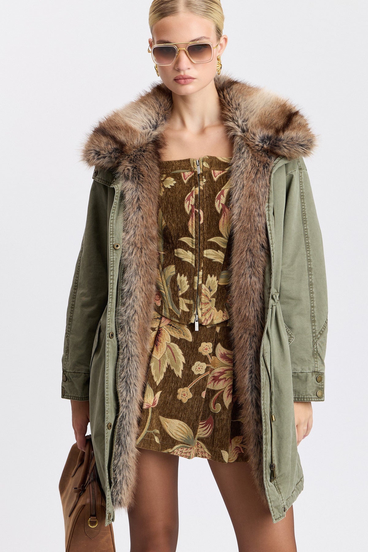 Green detachable faux fur collar jacket womens - Shop designer parka jackets by Avec Les Filles.