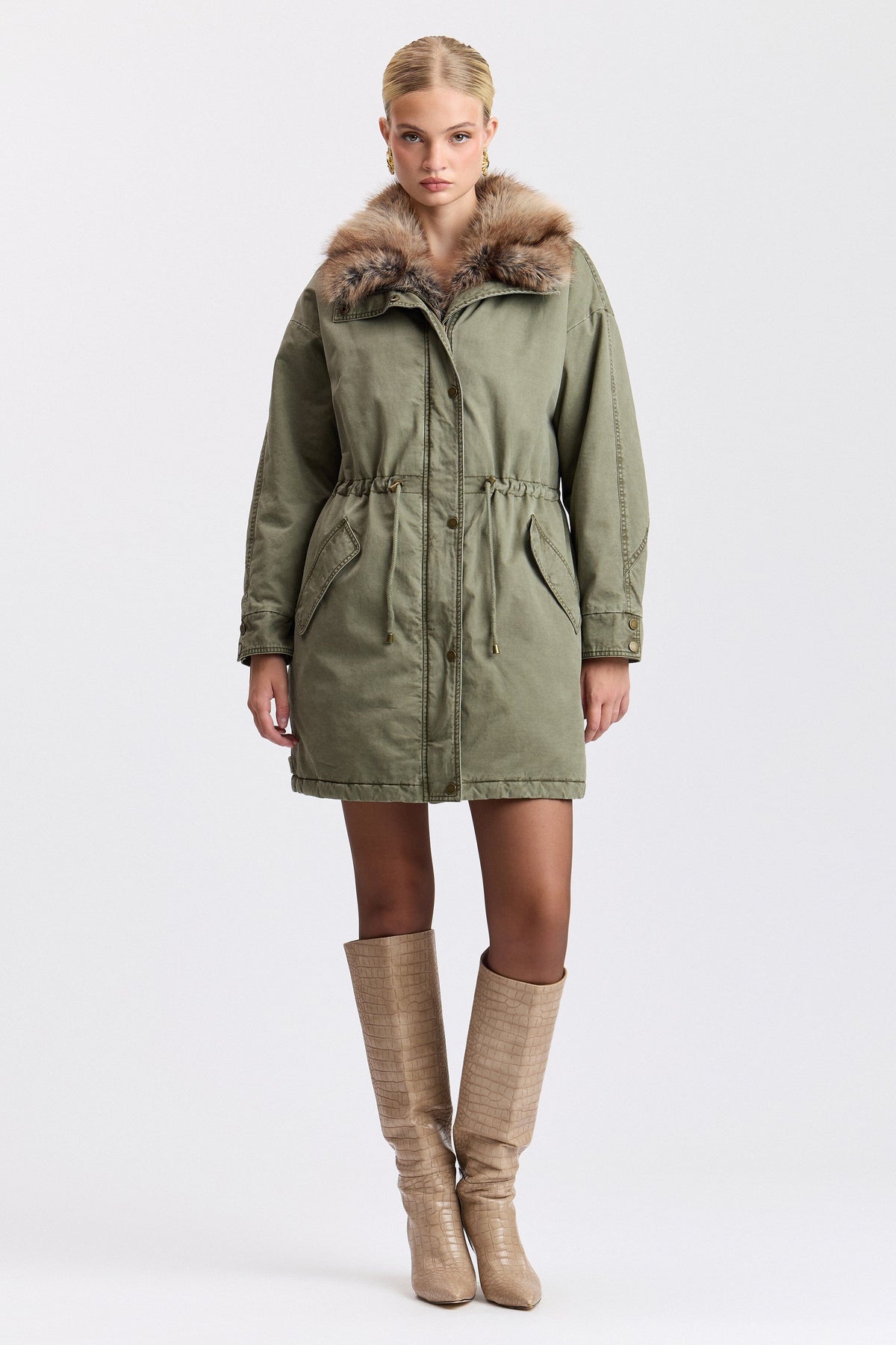 Detachable faux fur collar green jacket women with adjustable drawstring waist - Shop cute jackets by Avec Les Filles.