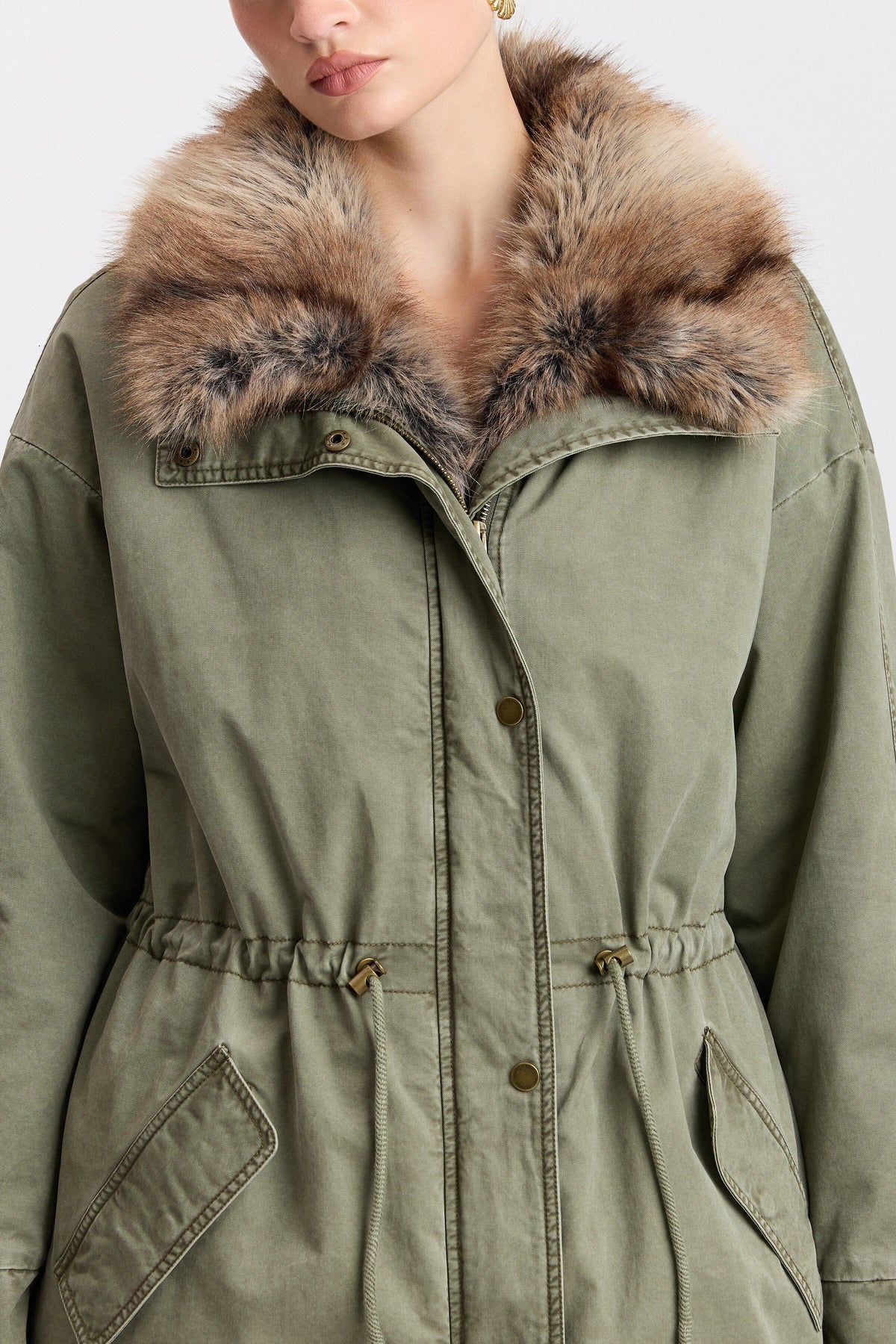 Green detachable faux fur jacket with adjustable drawstring waist - Shop women's cute jackets by Avec Les Filles.