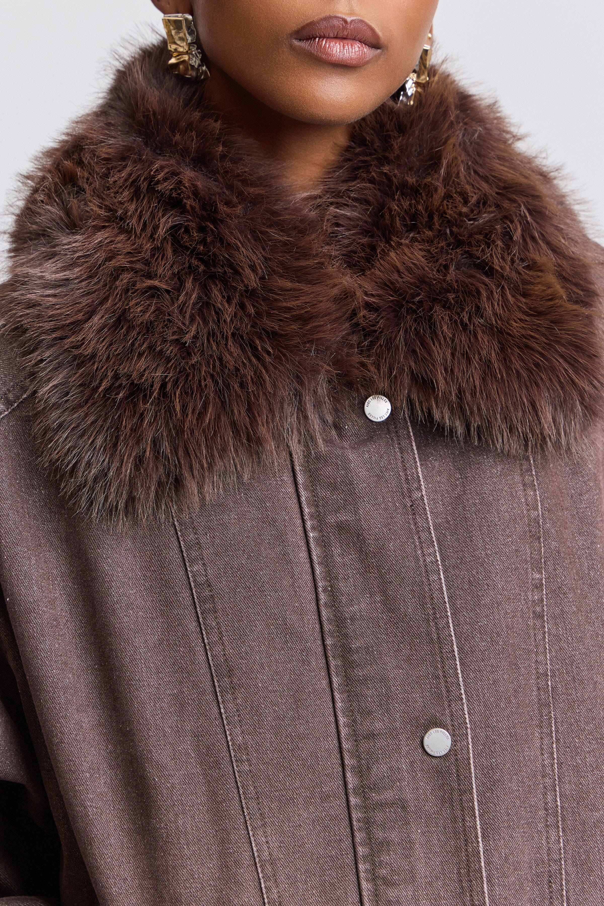 Detachable faux fur-trimmed denim brown oversized jacket - Shop designer women's bomber jackets by Avec Les Filles.