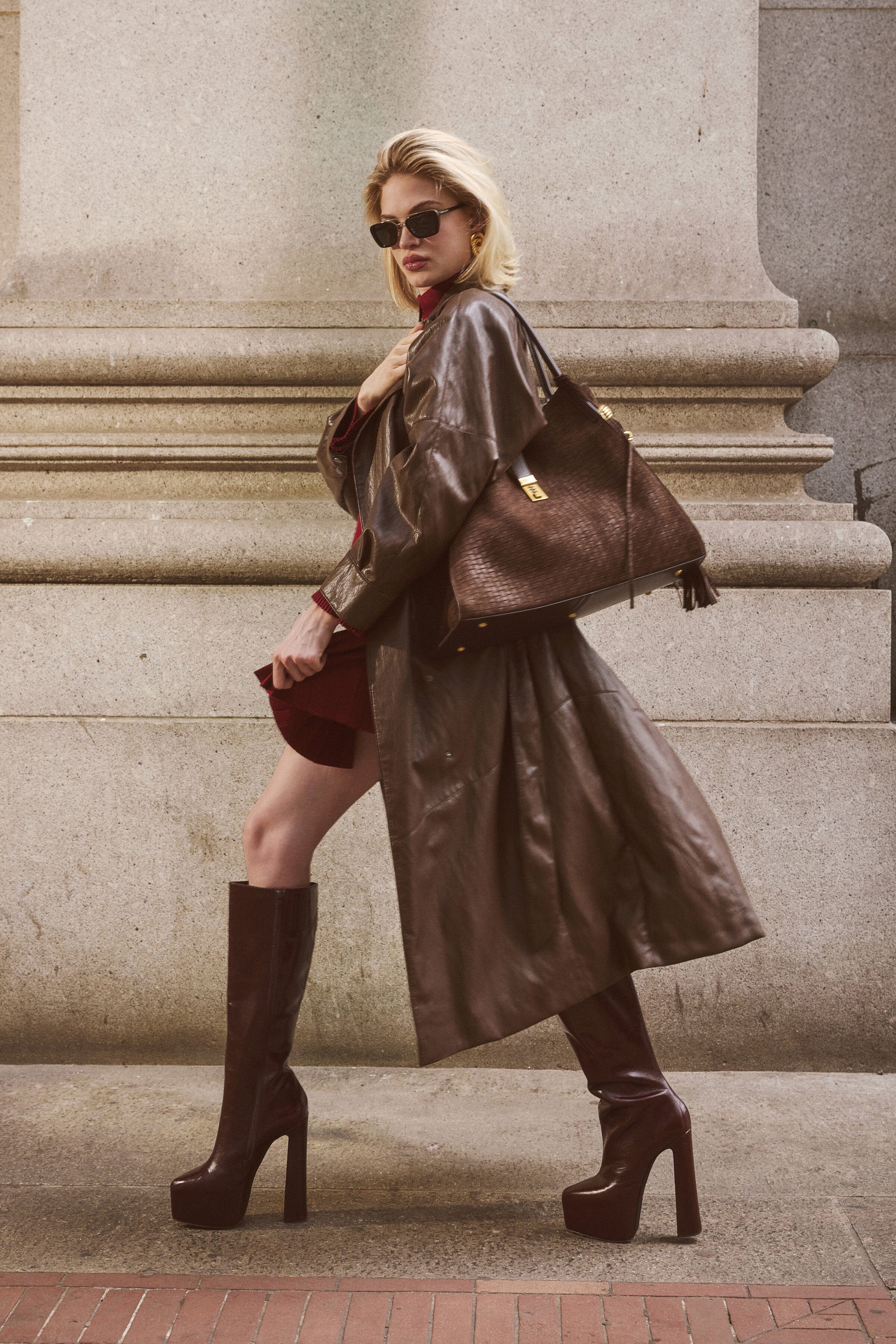 Double-breasted button-front brown faux leather trench coat - Shop women's cute trench coats by Avec Les Filles.