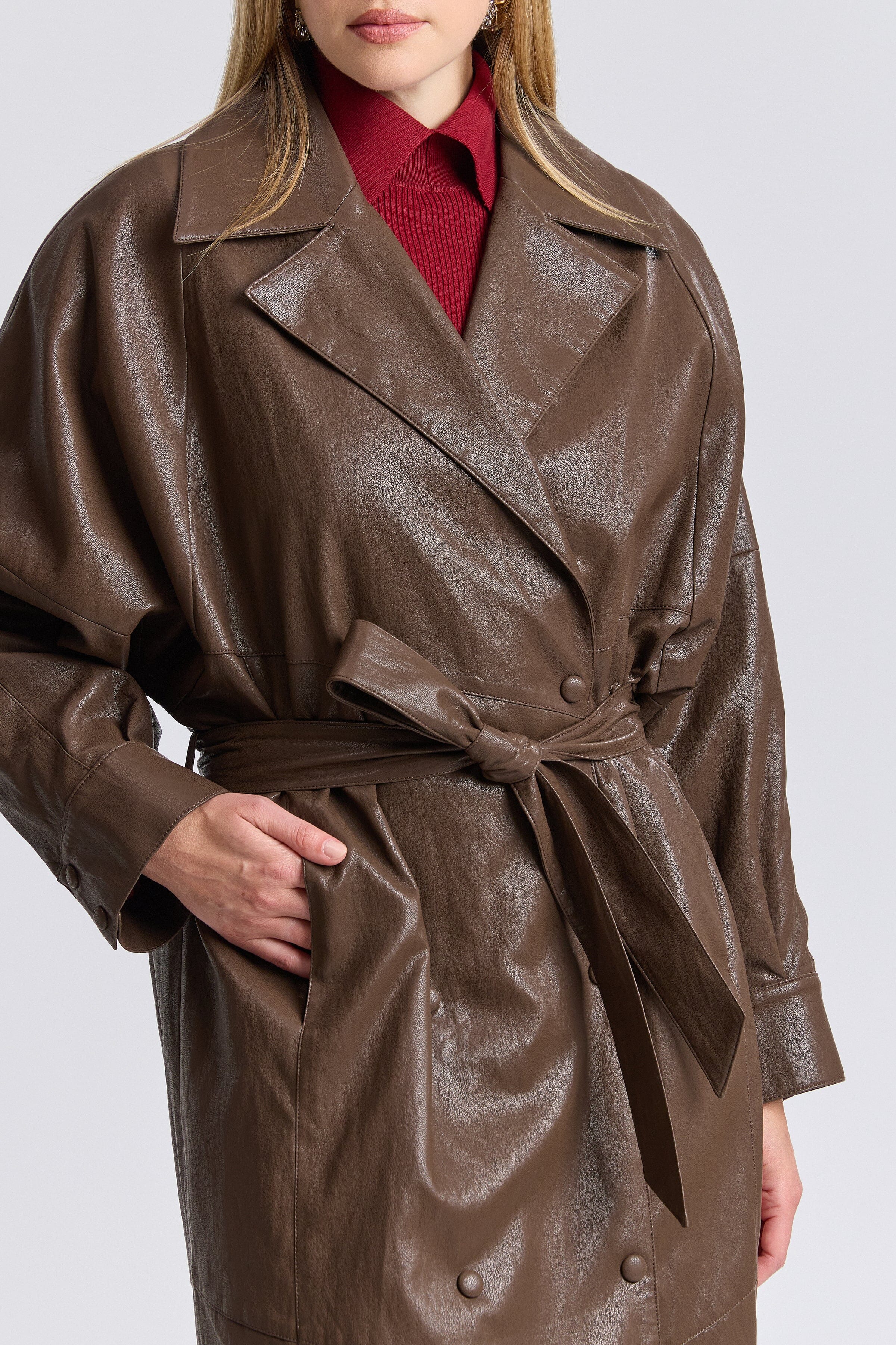 Double-breasted brown faux leather trench coat with adjustable belt - Shop cute trench coats by Avec Les Filles.