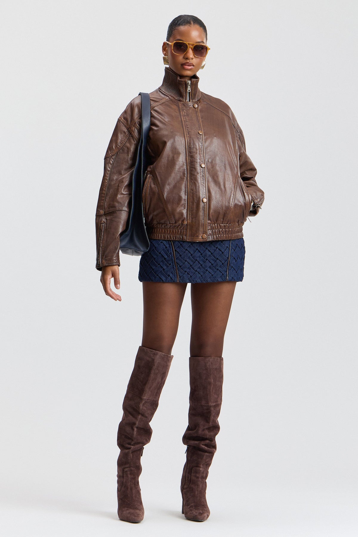 Brown bomber jacket leather with front zip and snap buttons - Shop women's cute leather jackets by Avec Les Filles.