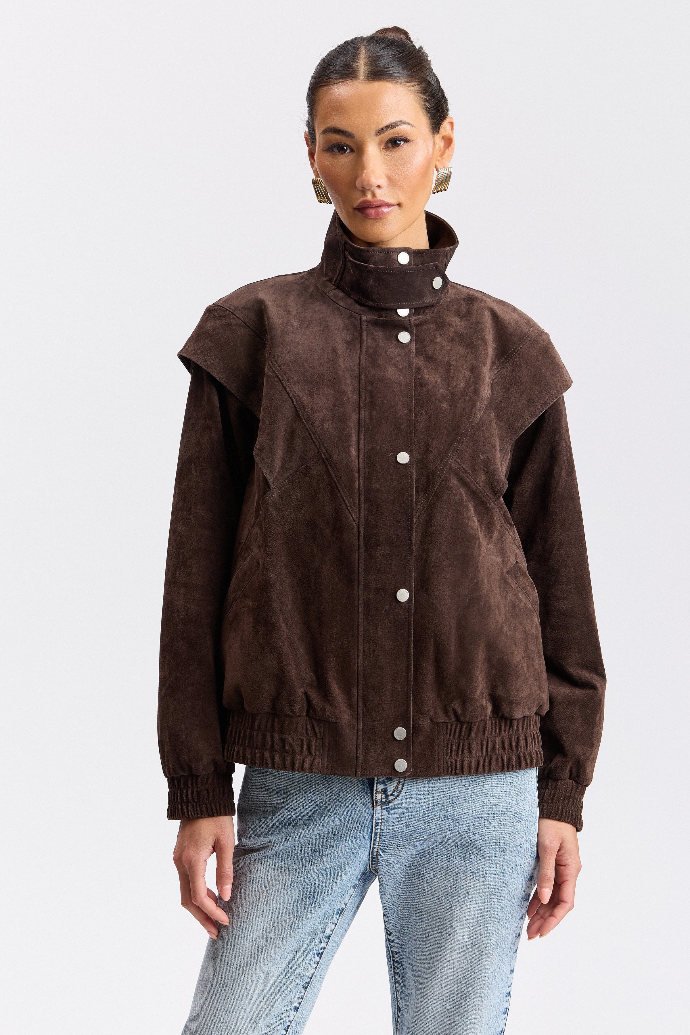 Brown womens suede jackets with snap-front and long sleeves - Shop designer bomber jackets by Avec Les Filles.