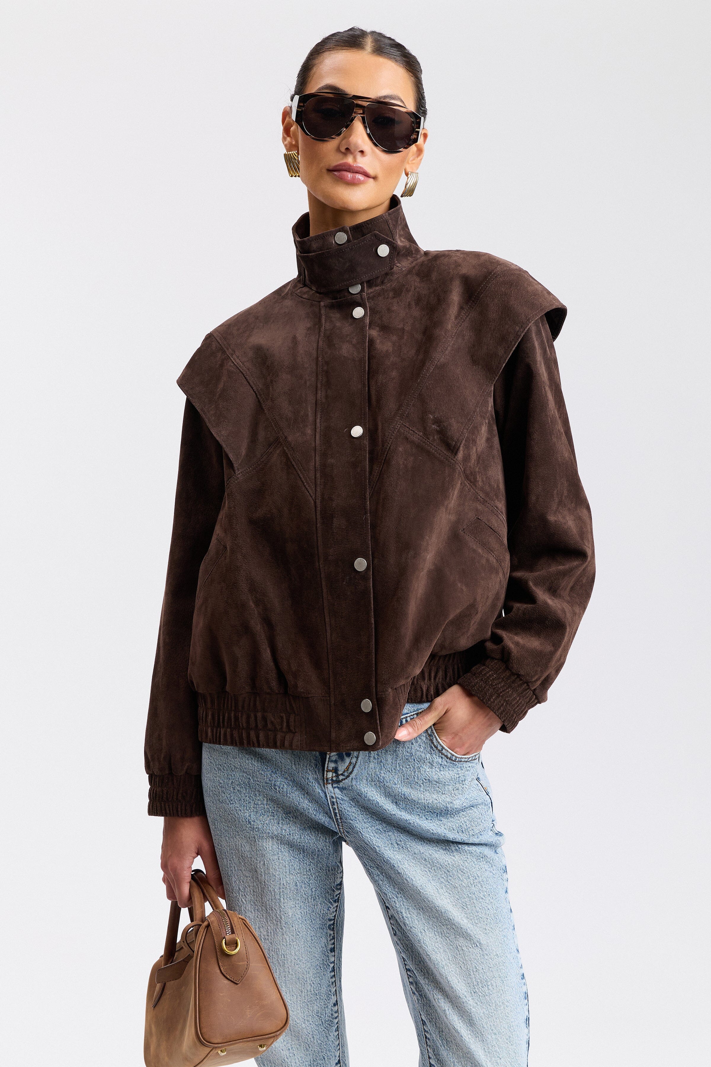 Brown suede jacket womens with snap-front and high stand collar - Shop bomber jackets by Avec Les Filles.