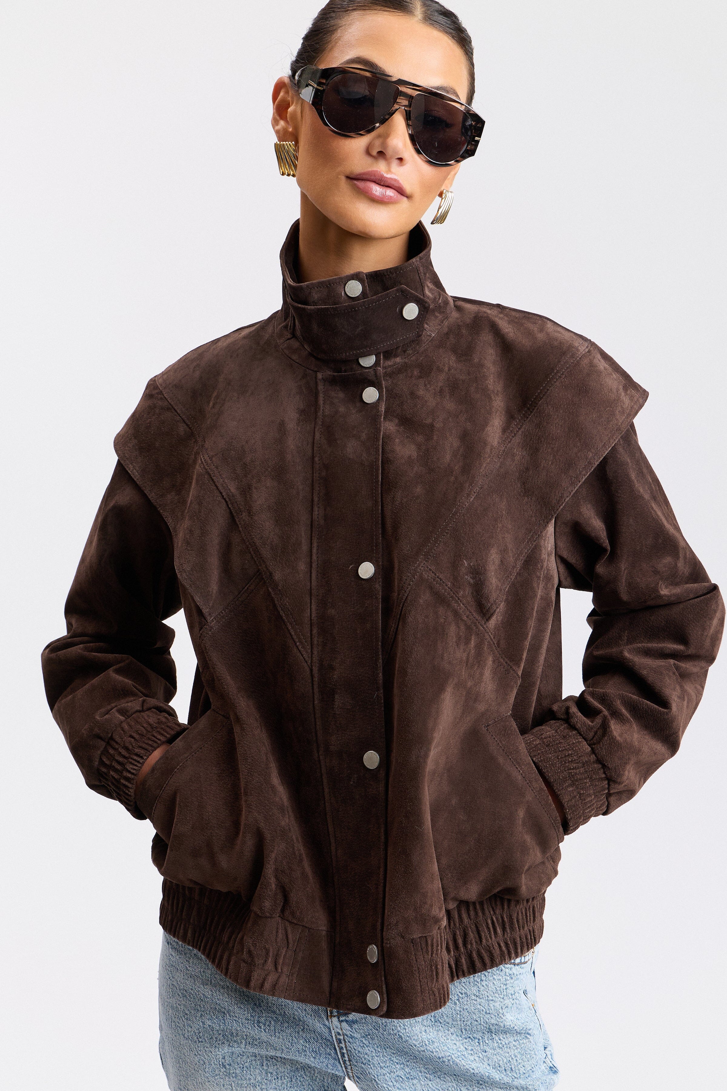 Brown suede jacket womens with snap-front and long sleeves - Shop designer bomber jackets by Avec Les Filles.