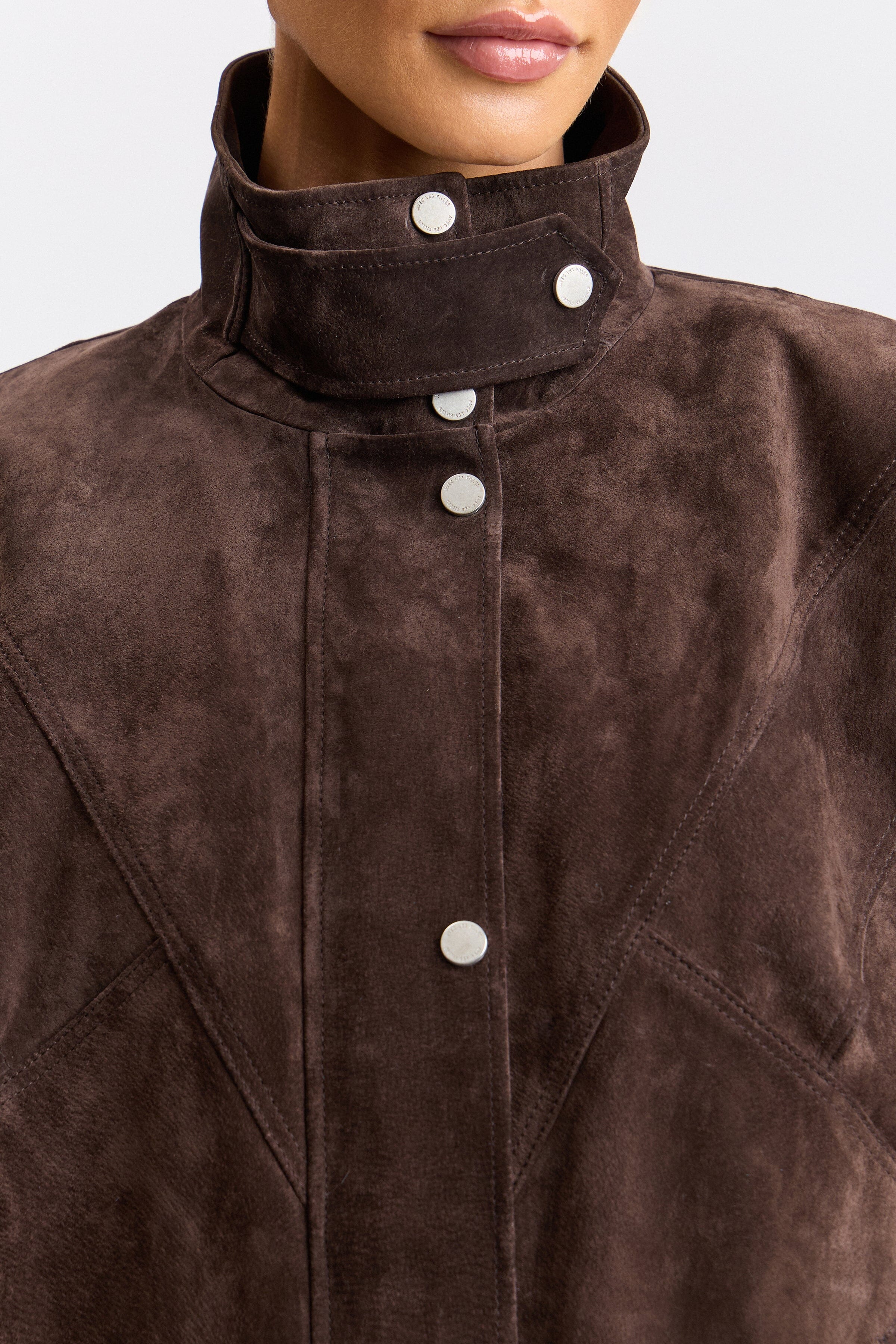 Brown suede bomber jacket womens with snap-front and high stand collar - Shop cute jackets by Avec Les Filles.