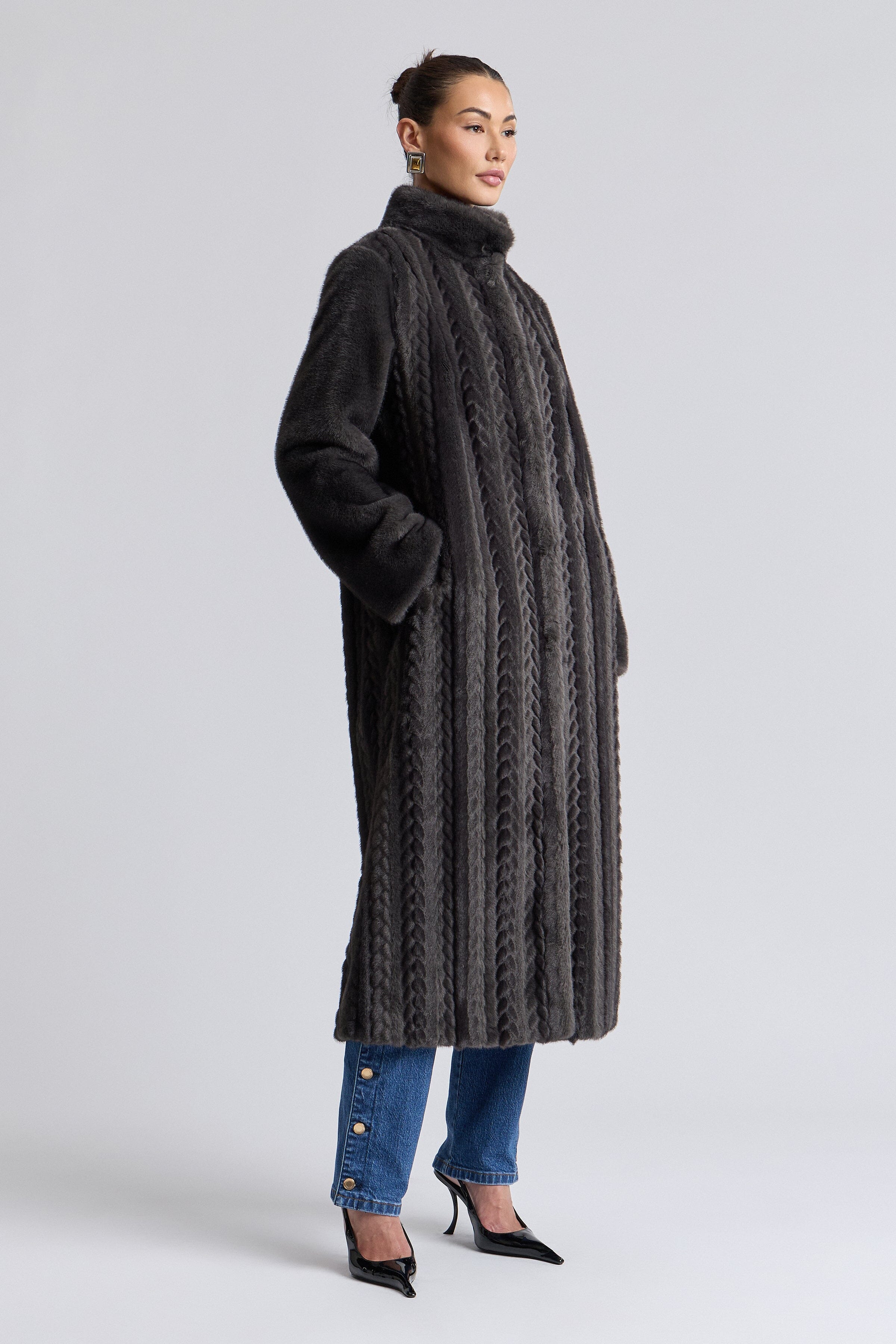 Striped oversized black faux fur coat women with long sleeves - Shop designer long mink coats by Avec Les Filles.