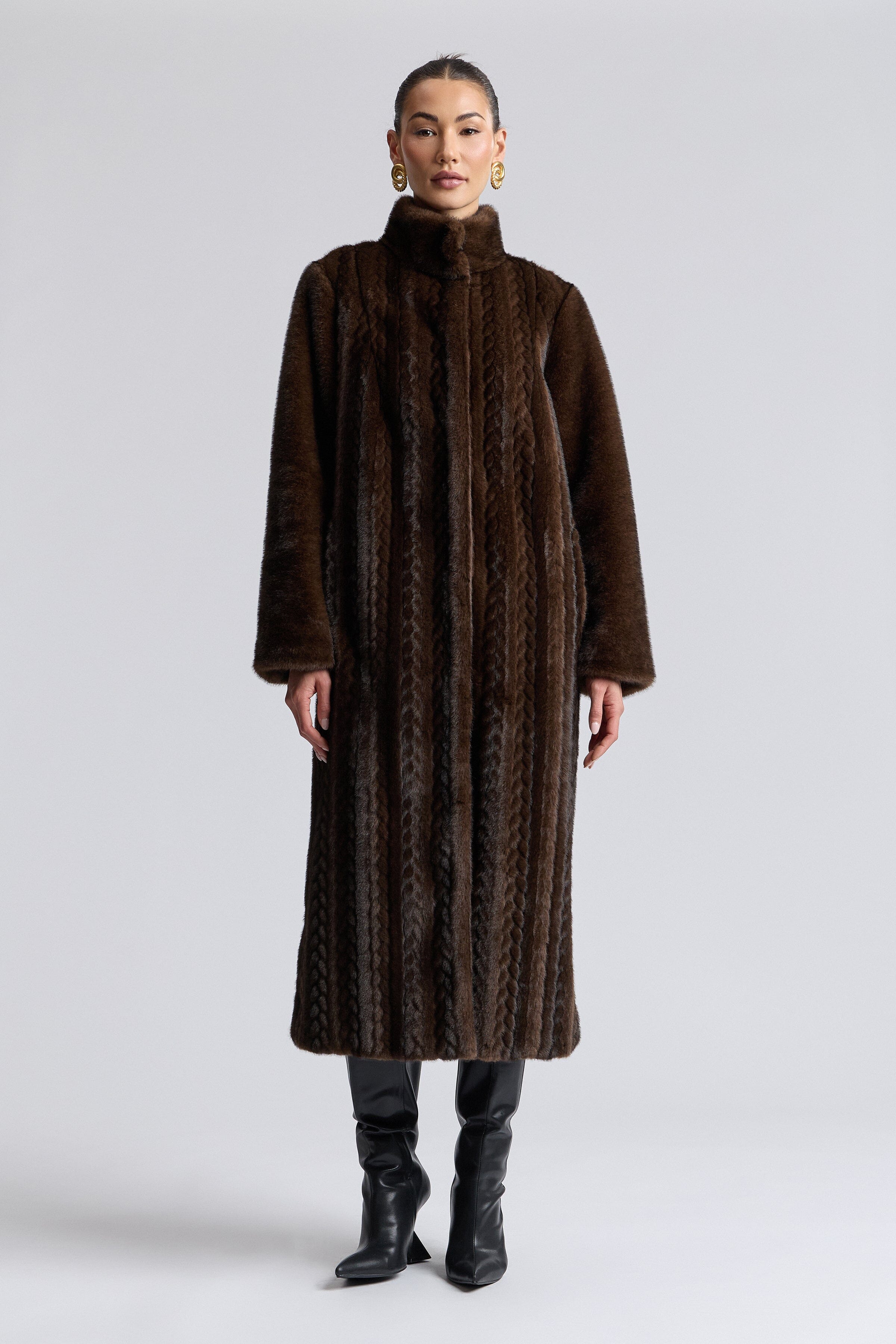 Striped oversized brown faux fur coat long- Shop designer women's long mink coats by Avec Les Filles.