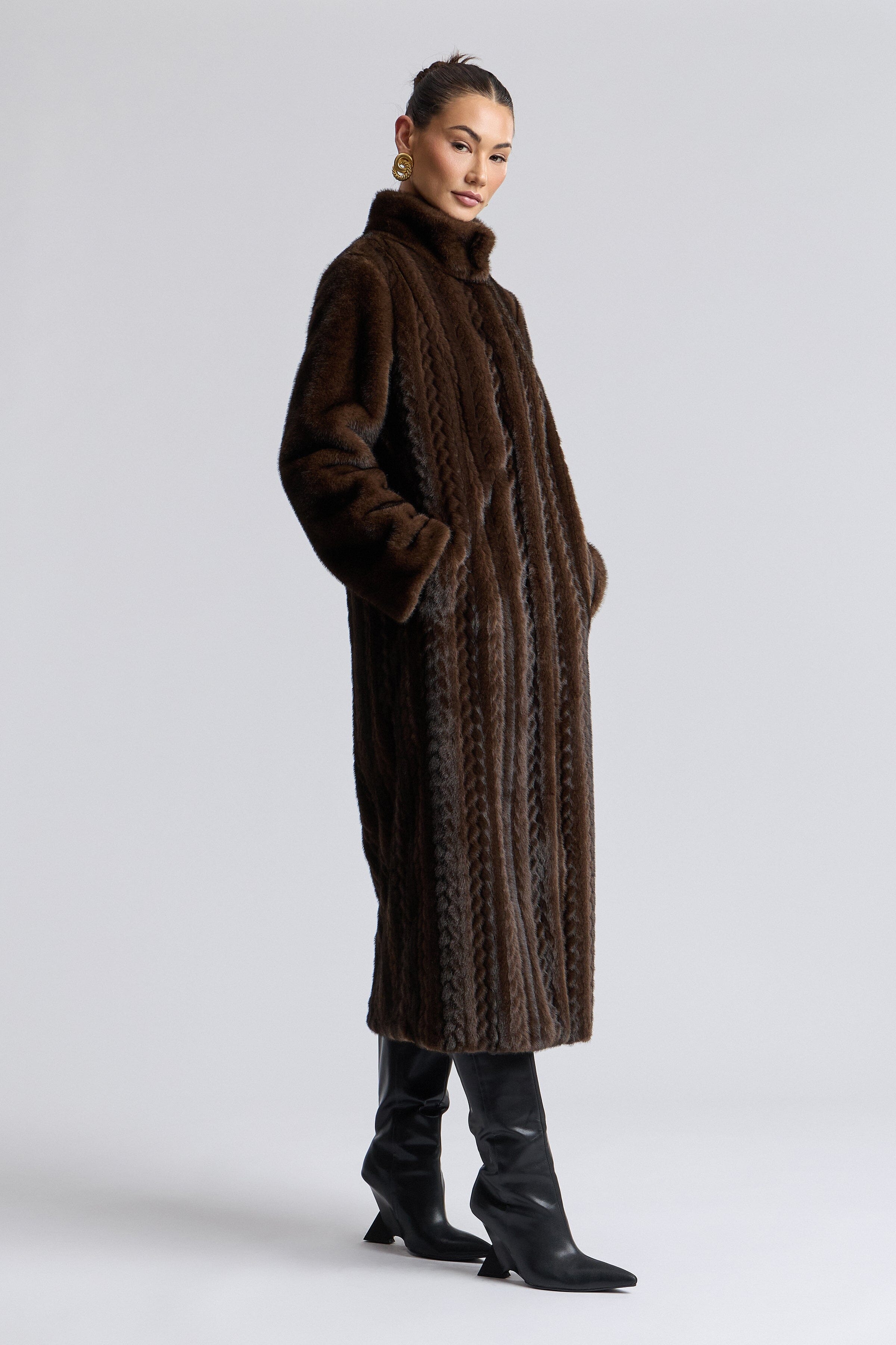 Striped oversized chocolate brown faux fur coat with long sleeves - Shop women's long coats by Avec Les Filles.