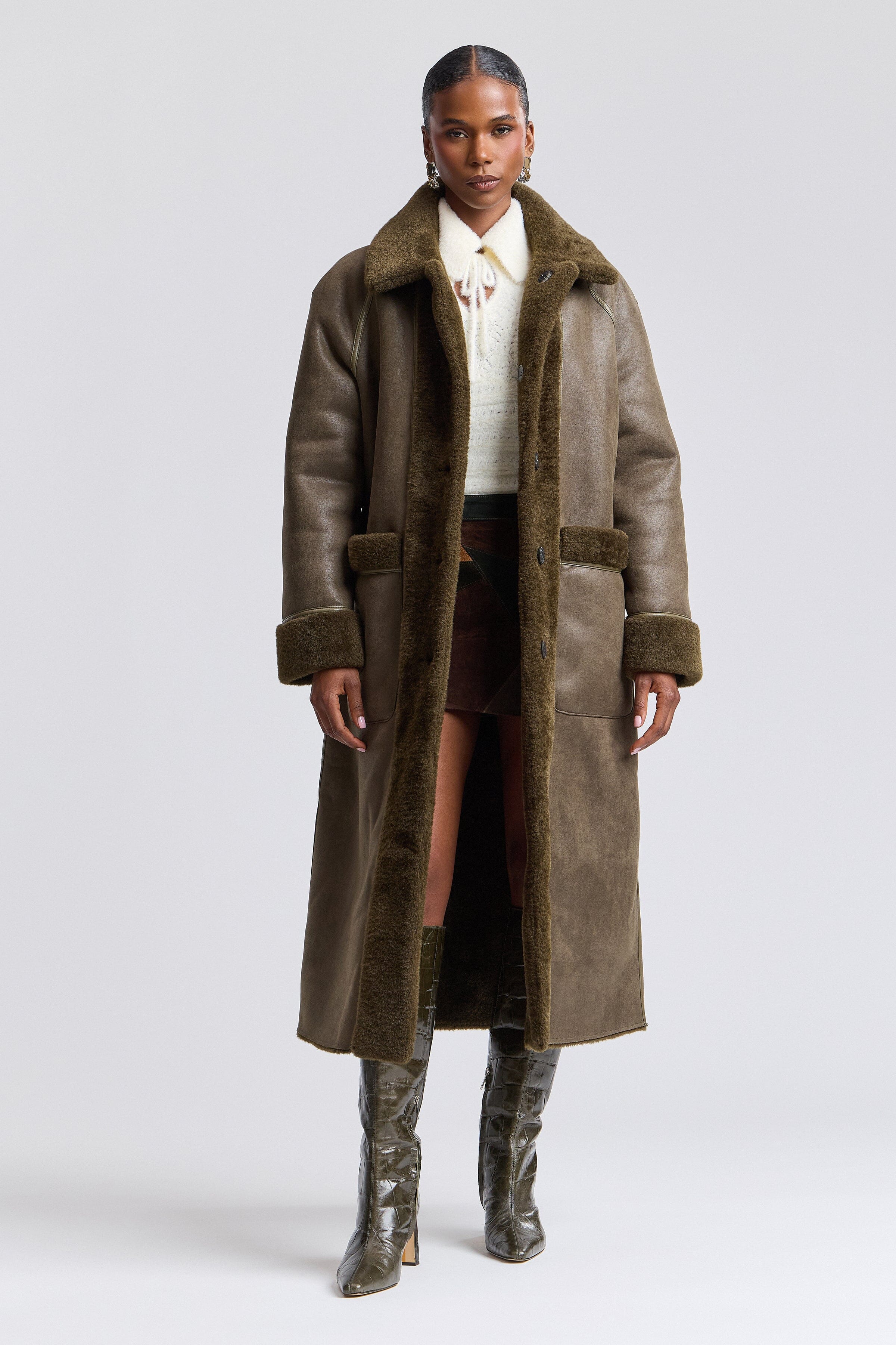 Reversible dark olive faux shearling long coat with raglan sleeves - Shop women's long maxi coats by Avec Les Filles.