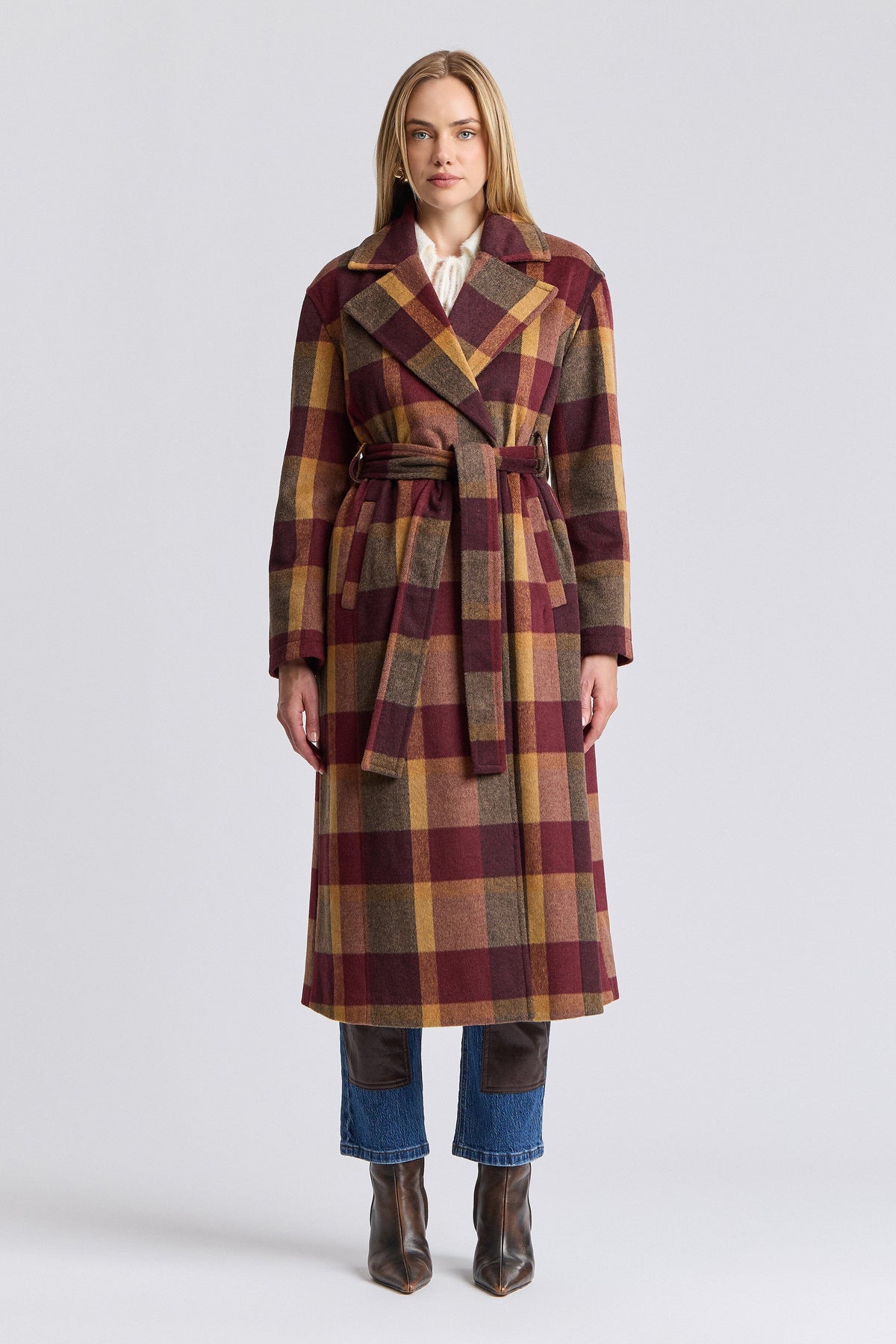 Faux wool burgundy plaid maxi coat with a belt - Shop women's cute plaid long maxi coats by Avec Les Filles.