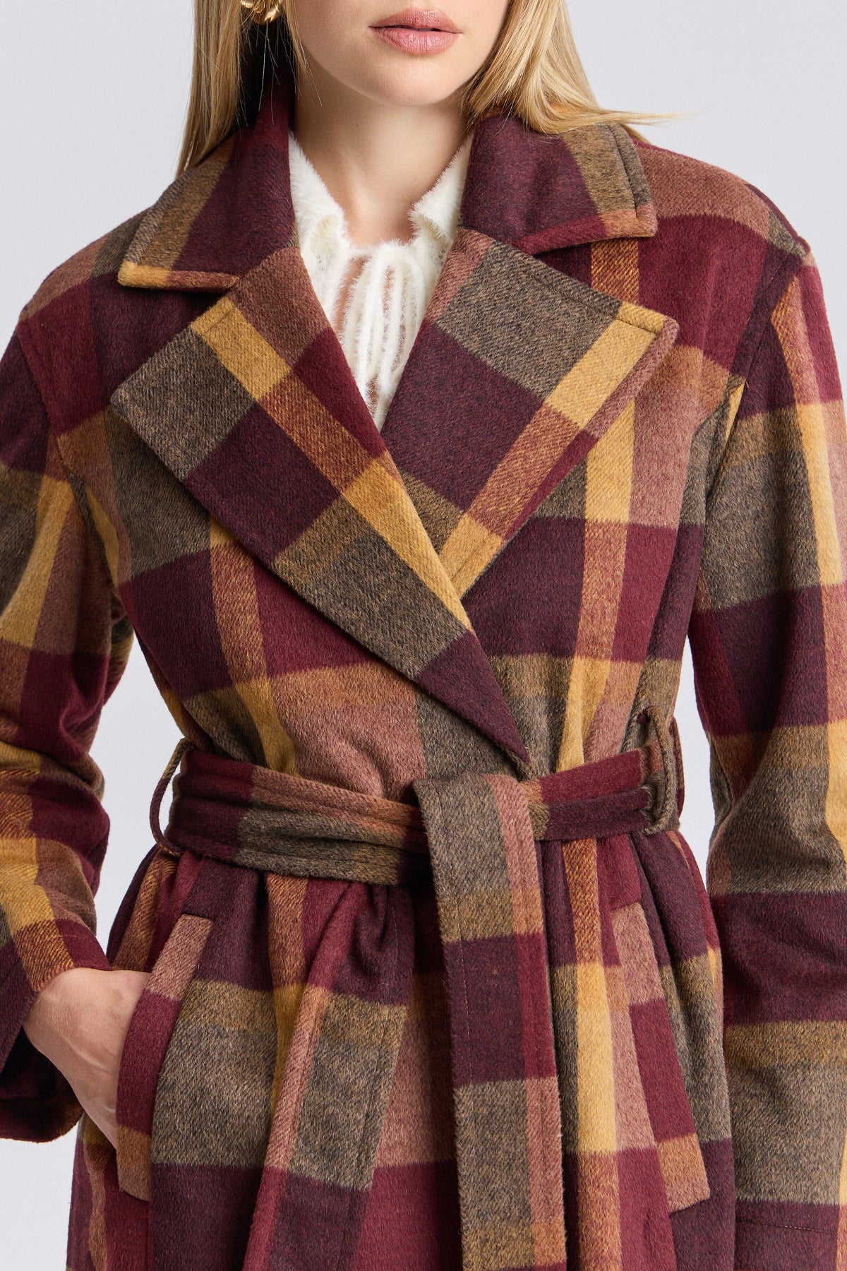 Faux wool red long coat plaid with a belt - Shop designer women's plaid long maxi coats by Avec Les Filles.