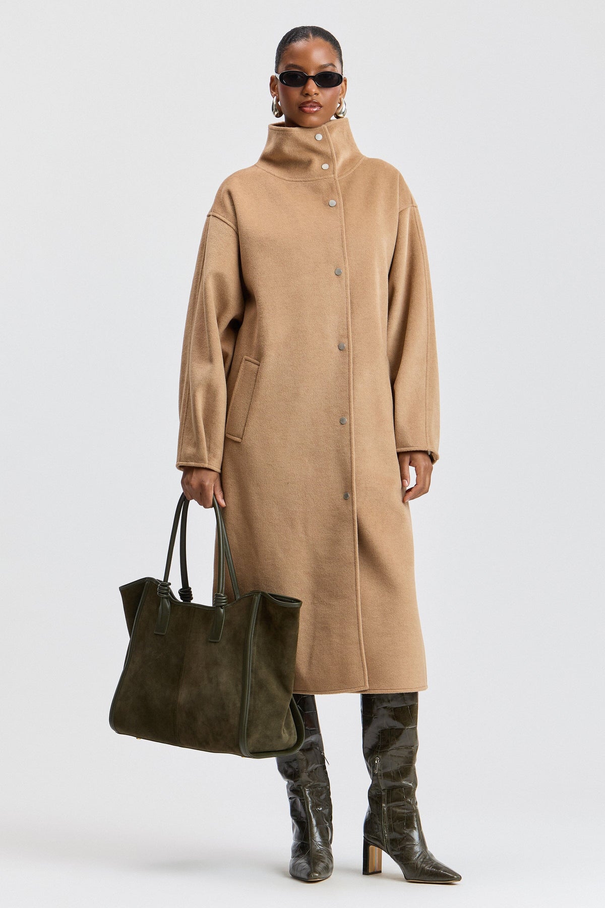 Faux wool oversized long coat womens with funnel neck and snap front - Shop designer coats by Avec Les Filles.