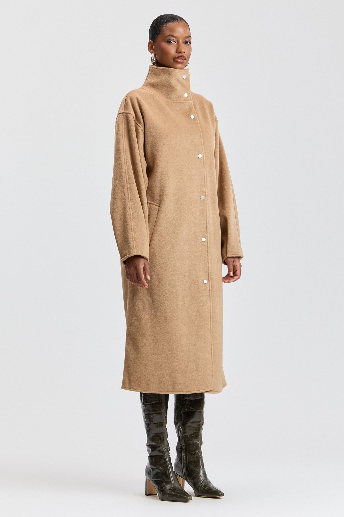 Faux wool oversized long tan coat with a funnel neck and snap front - Shop maxi coats women by Avec Les Filles.