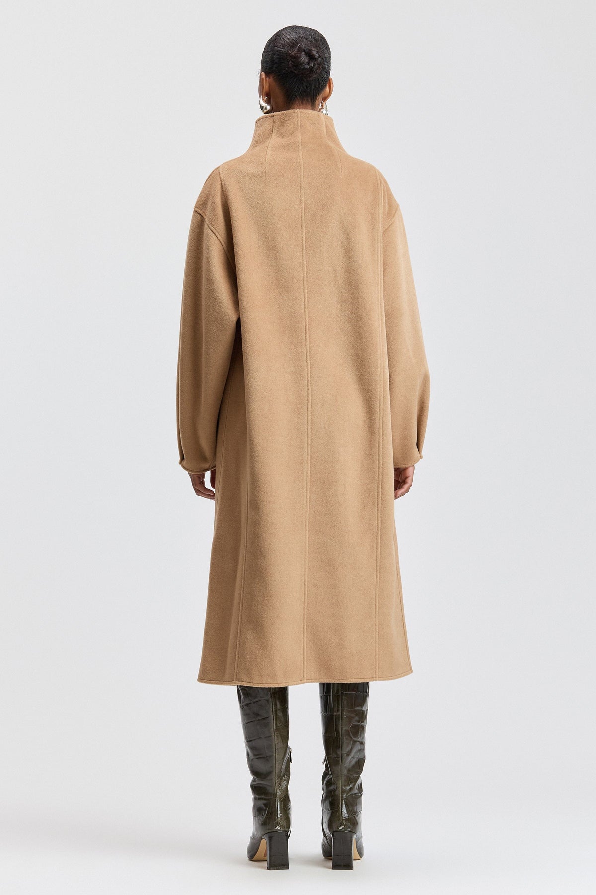 Oversized brown maxi coat womens with funnel neck and snap front - Shop designer long coats by Avec Les Filles.