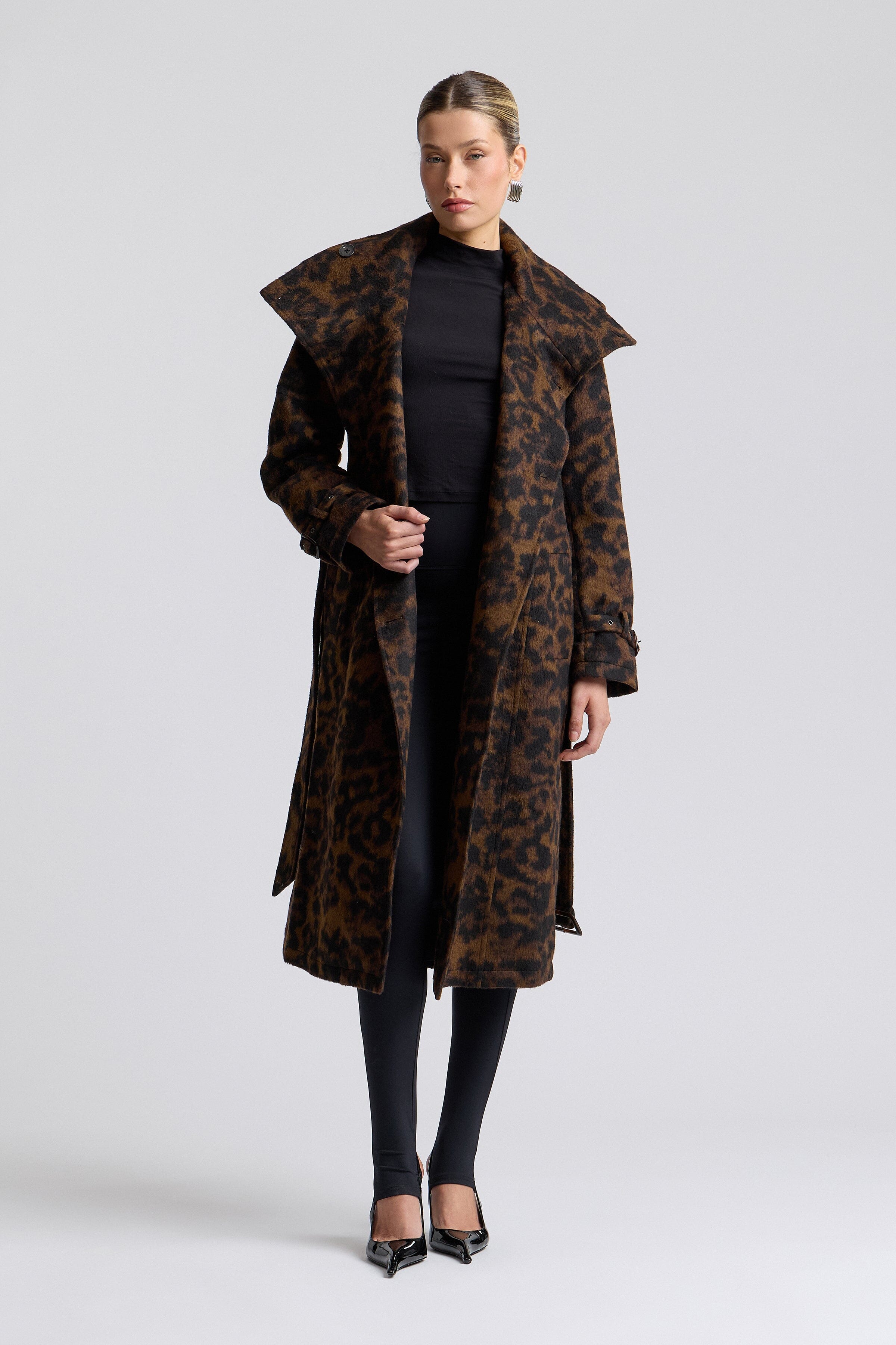 Brown leopard print trench coat with funnel neck and removable belt - Shop women's trench coats by Avec Les Filles.