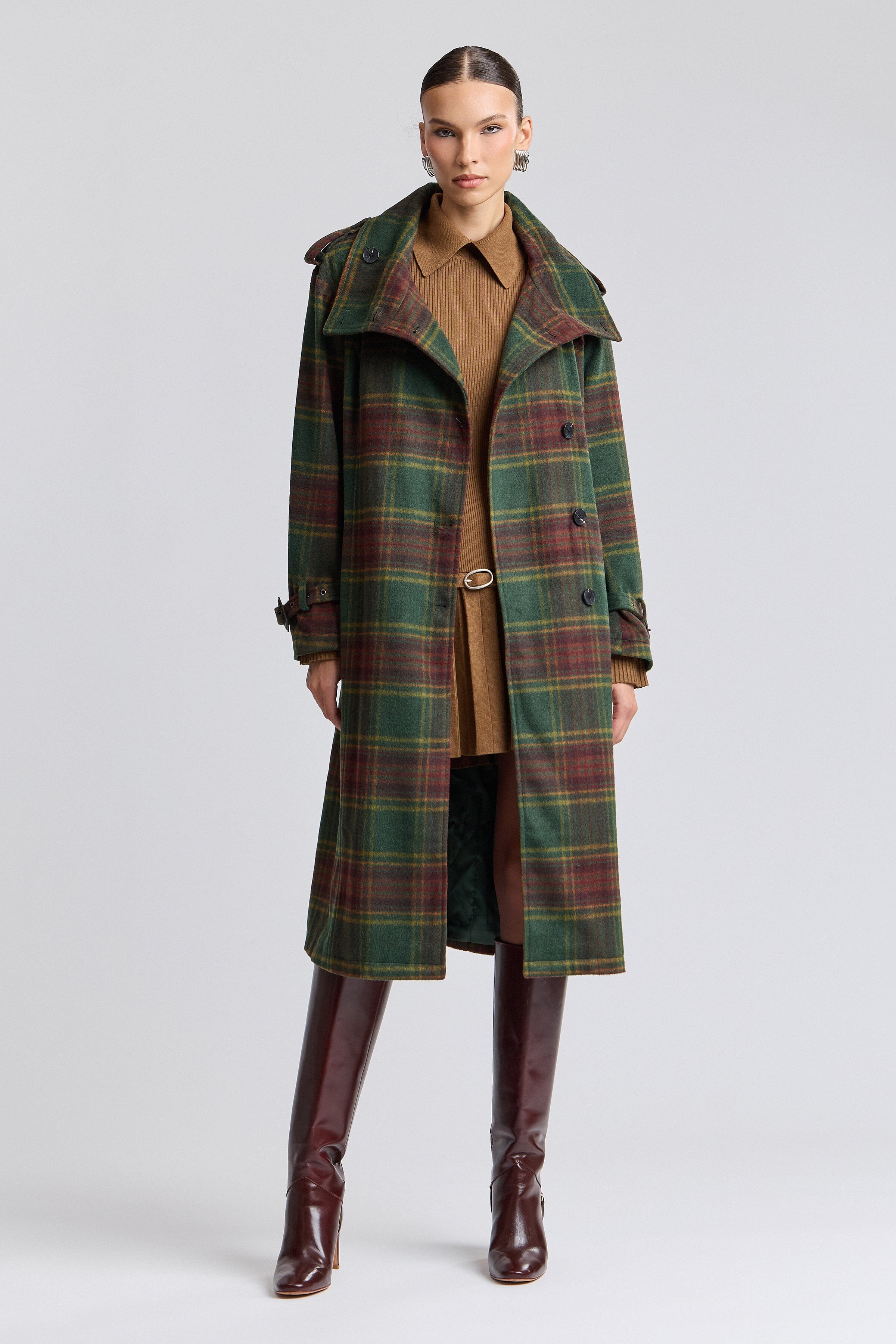 Faux wool green and red plaid trench coat with funnel neck and removable belt - Shop women's long trench coats by Avec Les Filles.