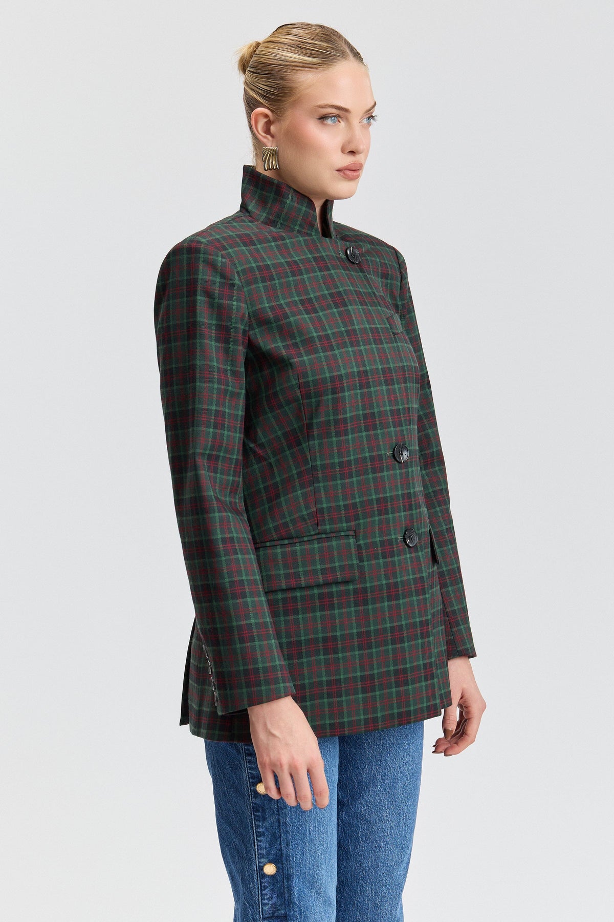 Stand Collar Plaid Blazer Coats & Jackets Avec Les Filles