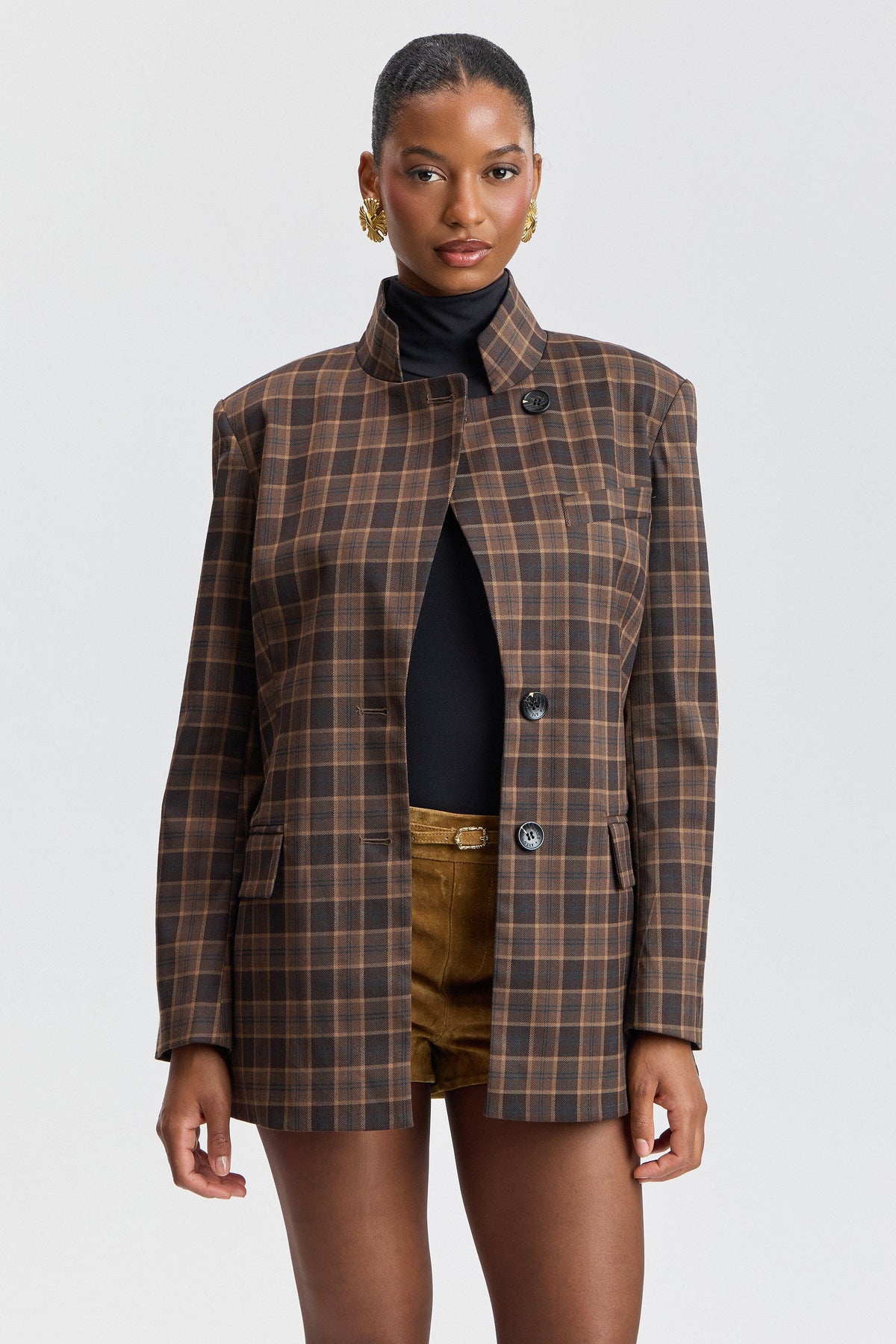 Stand Collar Plaid Blazer Coats & Jackets Avec Les Filles