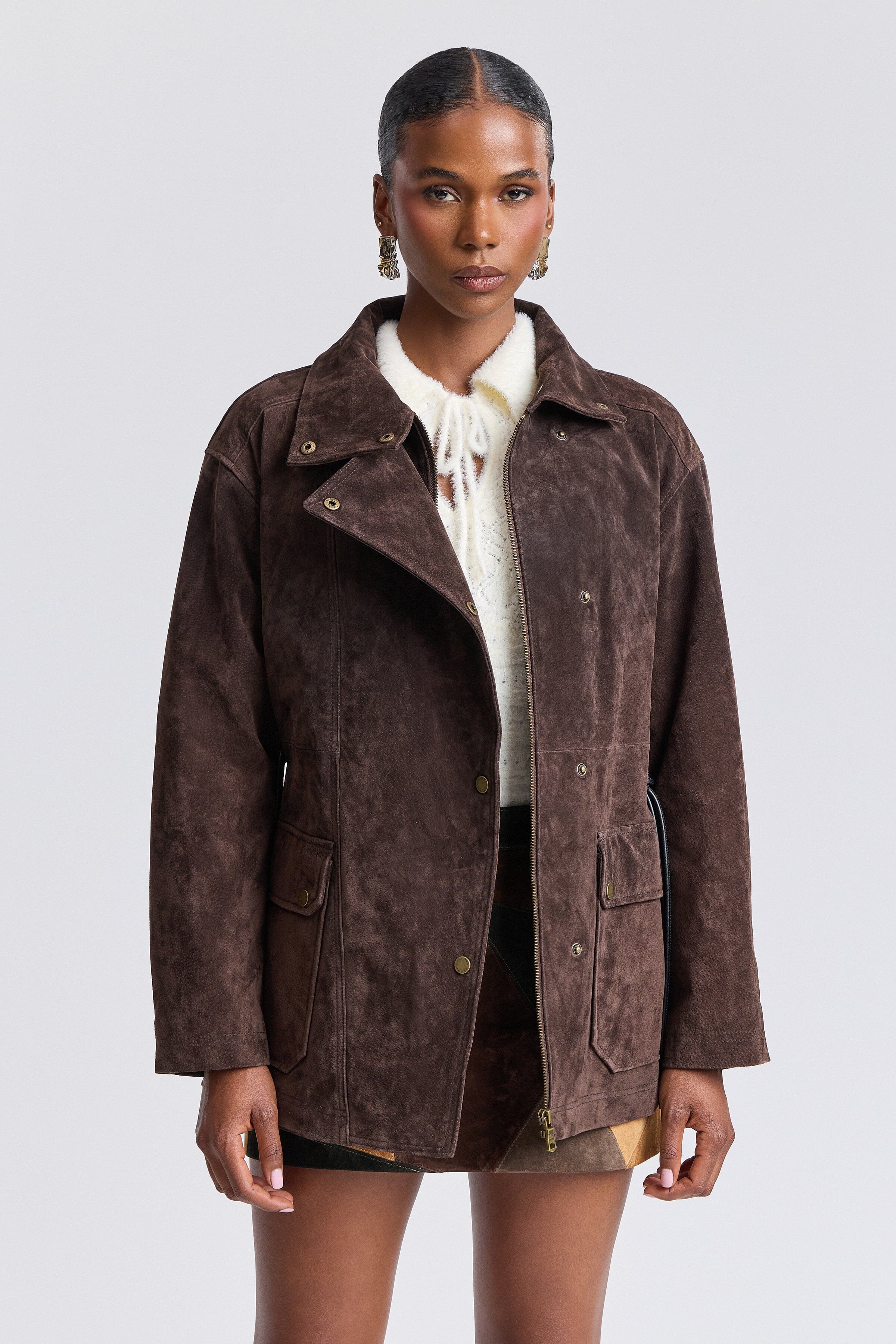 Genuine suede belted dark brown jacket with long sleeves and stand collar - Shop women's suede jackets by Avec Les Filles.