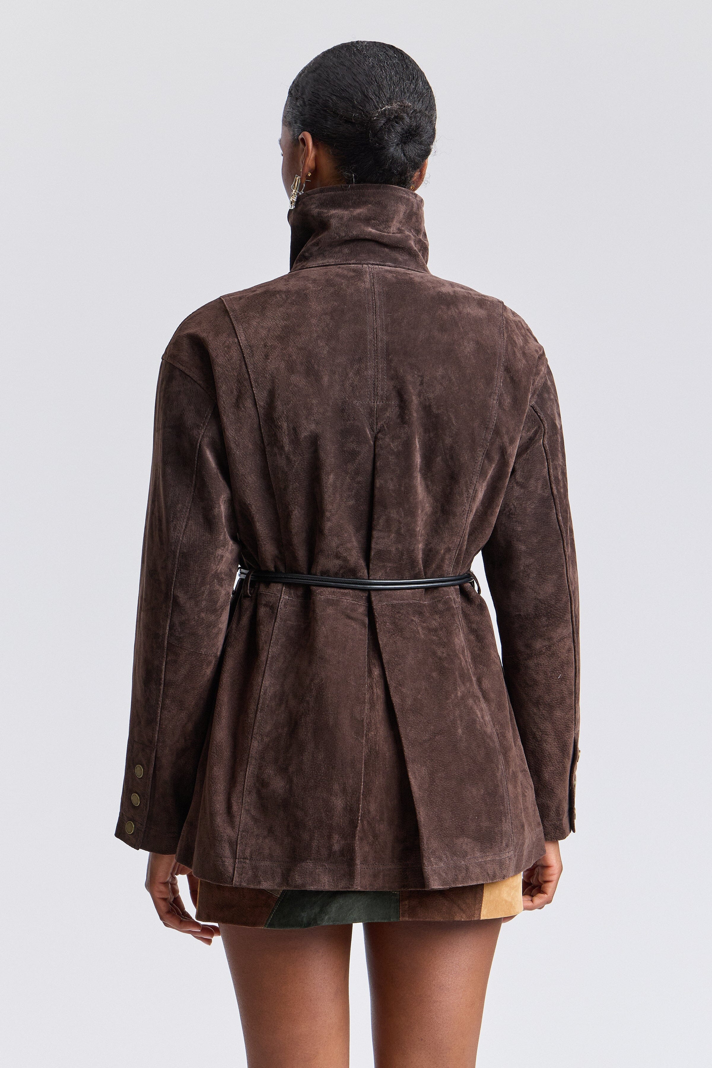 Belted brown suede jacket for women with long sleeves - Shop designer suede jackets by Avec Les Filles.