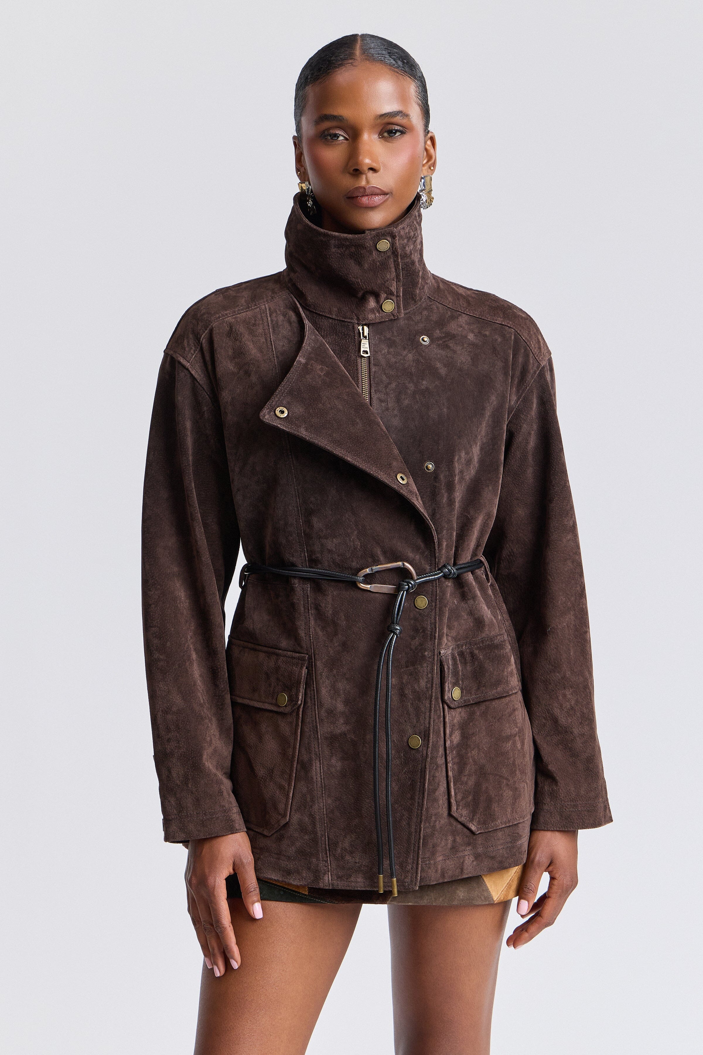 Belted brown suede jacket womens with long sleeves and a stand collar - Shop women's suede jackets by Avec Les Filles.