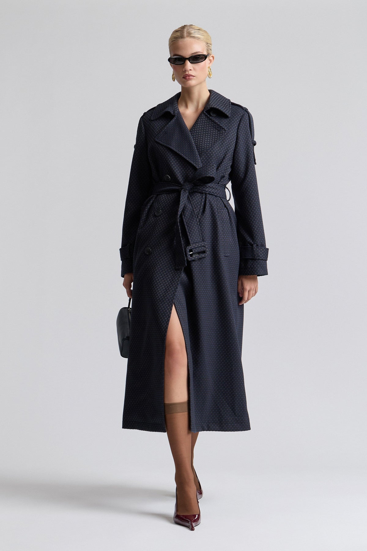 Oversized double-breasted jacquard navy trench coat with a belt - Shop designer long coats by Avec Les Filles.