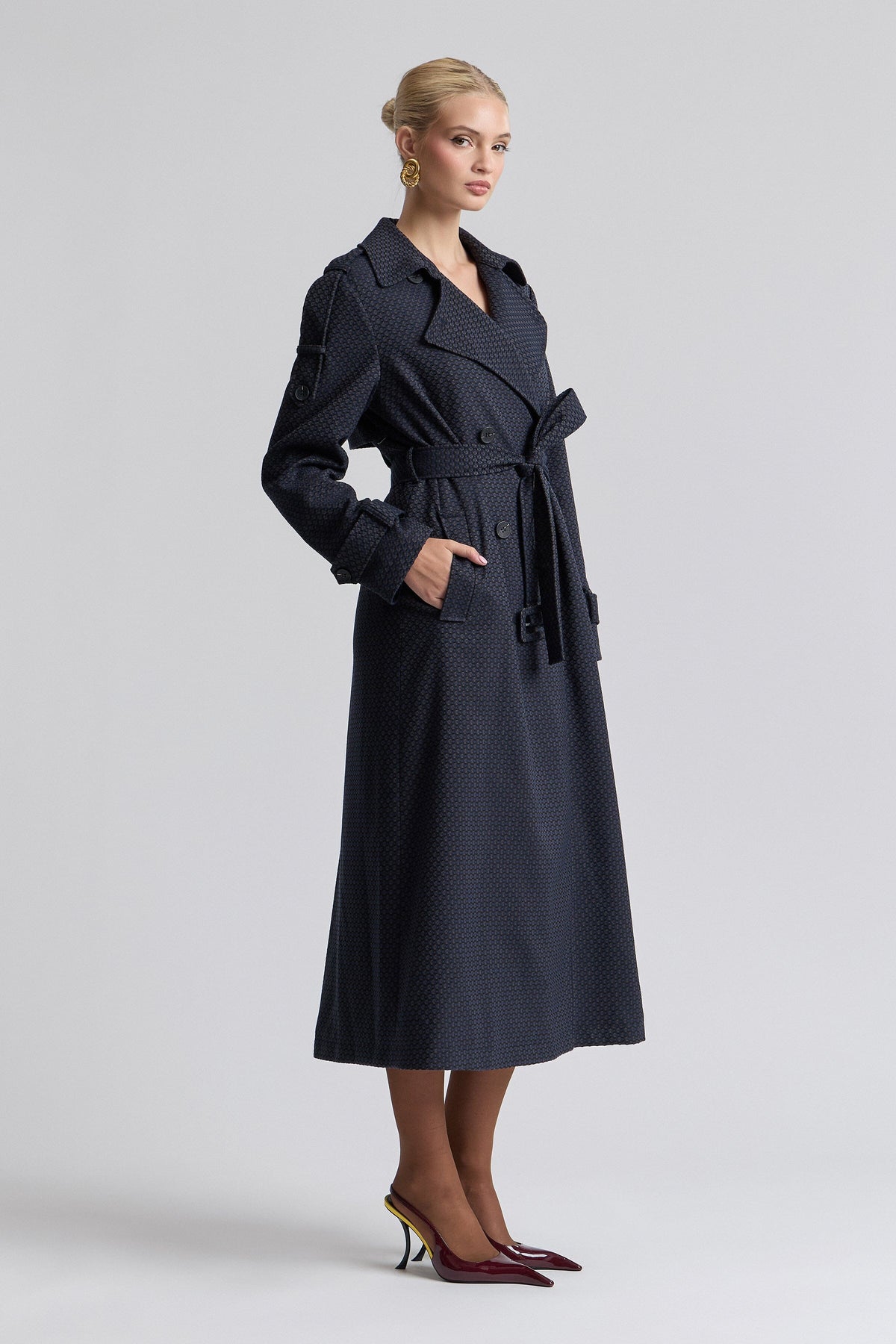 Double-breasted jacquard navy trench coat women with a belt - Shop long trench coats by Avec Les Filles.