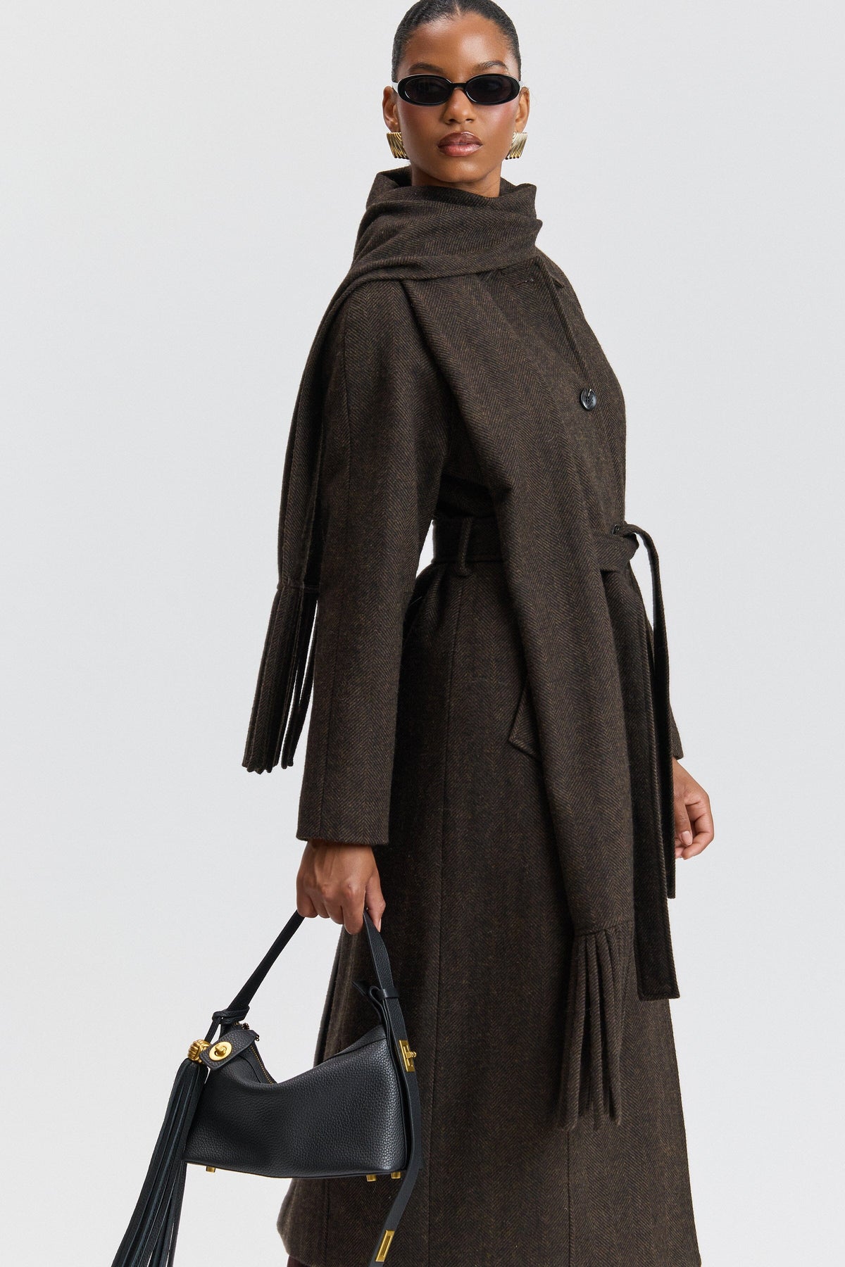 Brown herringbone coat with removable belt and pointed collar - Shop designer women's long coats by Avec Les Filles.