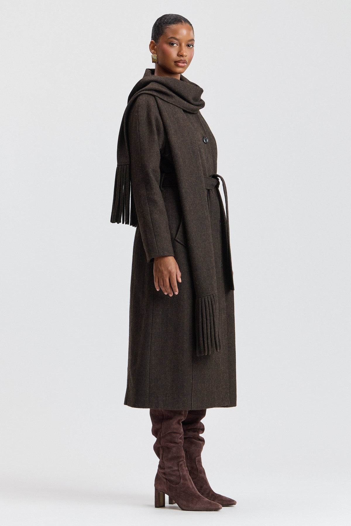Brown herringbone coat with removable belt and pointed collar - Shop designer women's long coats by Avec Les Filles.