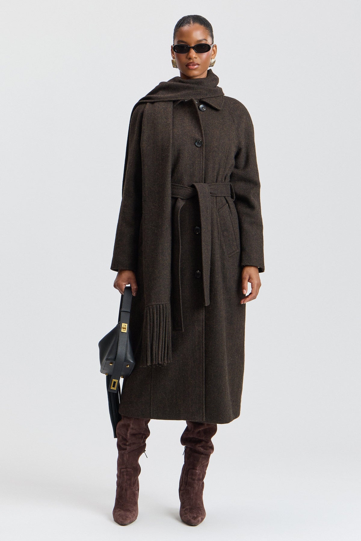 Herringbone scarf wool coat womens brown with removable belt - Shop designer long coats by Avec Les Filles.