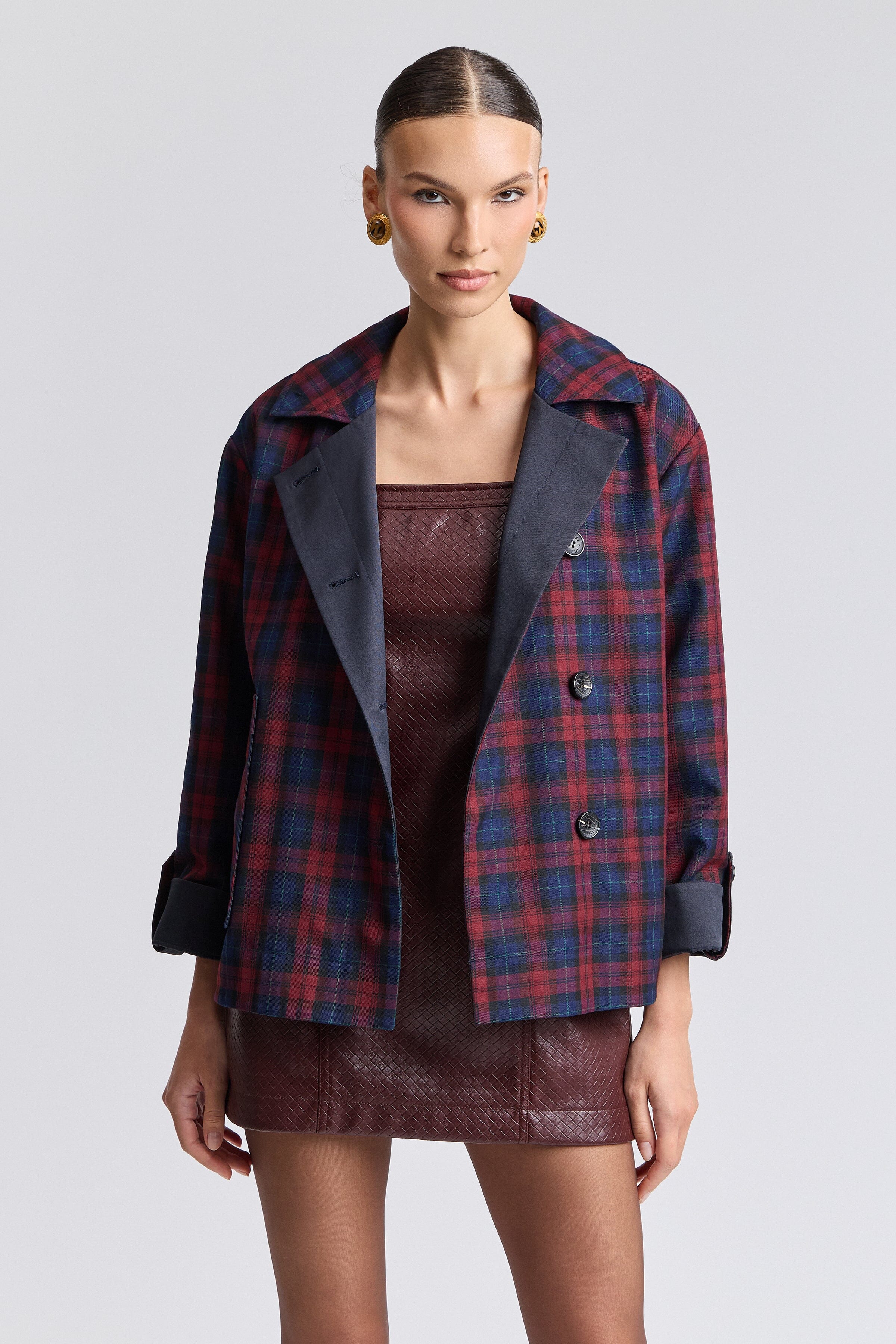Reversible barn jacket plaid in a cotton blend with a point collar - Shop women's cute jackets by Avec Les Filles.