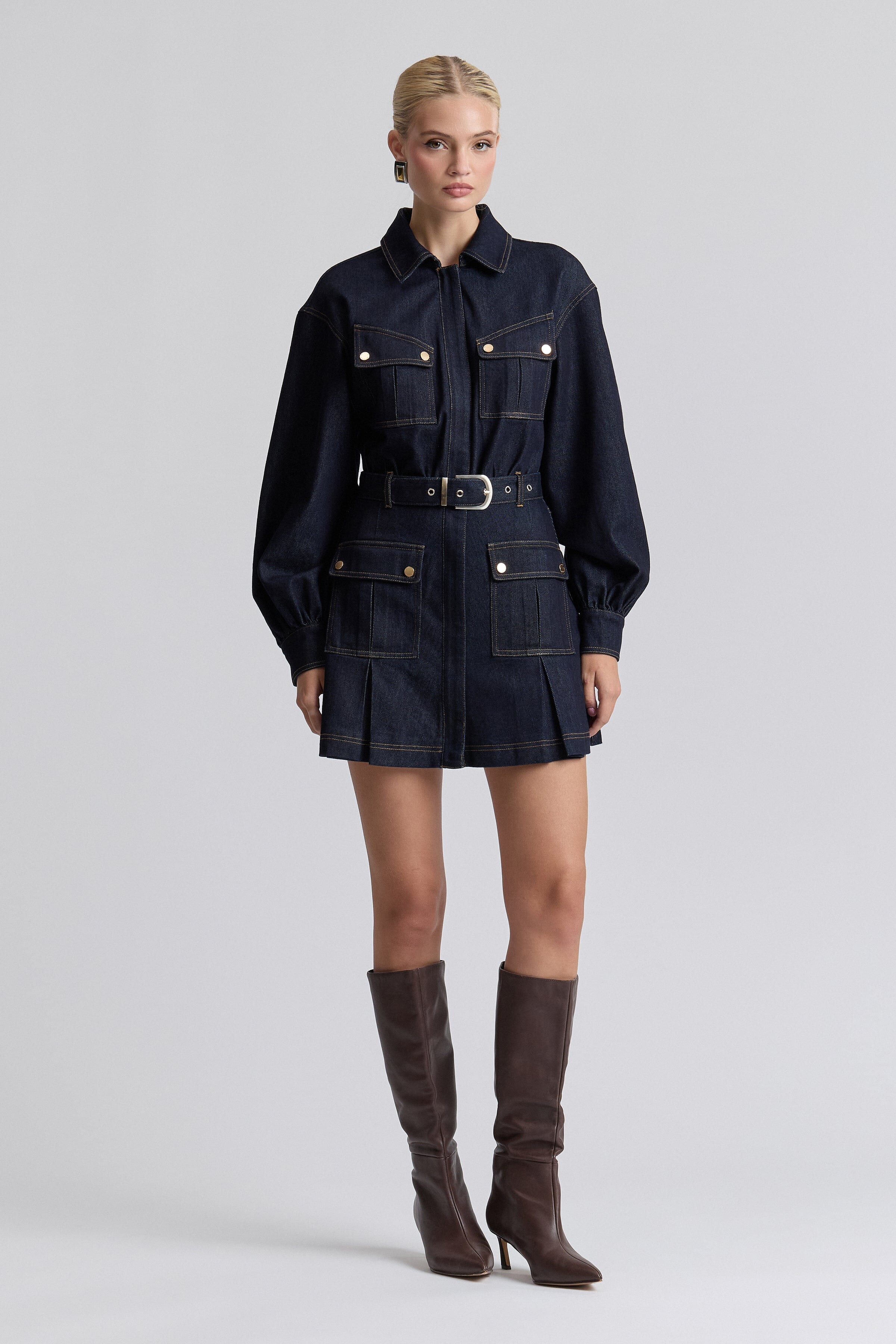 Indigo blue mini oversized denim shirt dress with long blouson sleeves and a removable belt by Avec Les Filles.
