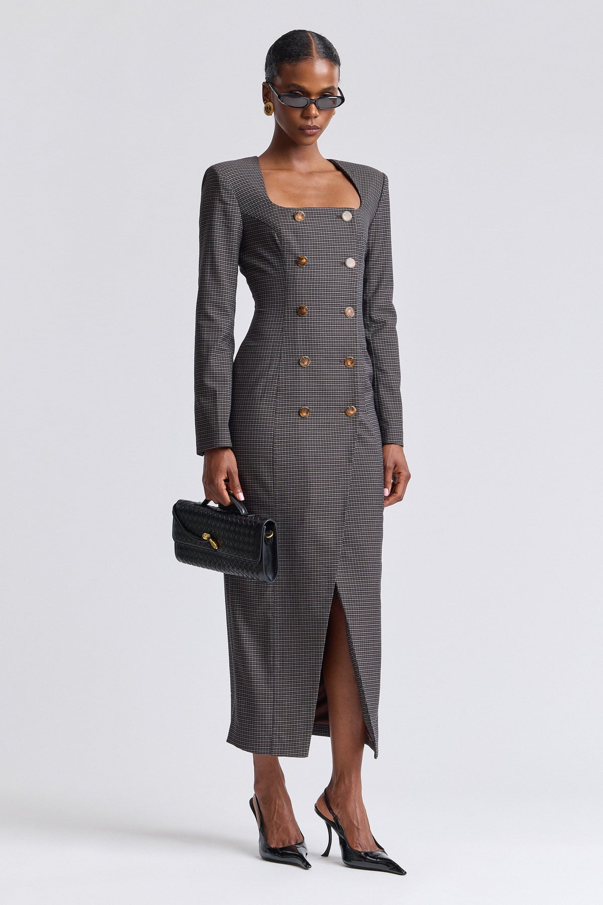 Brown plaid fitted dress with a square neck and long sleeves - Shop women's cute maxi dresses by Avec Les Filles.