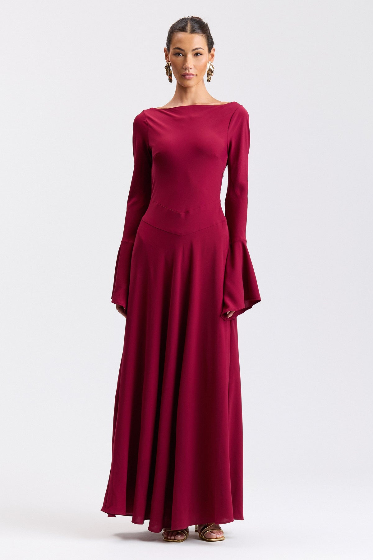 Red maxi dress with flounce sleeves and high scoop neck - Shop women's cute maxi dresses by Avec Les Filles.