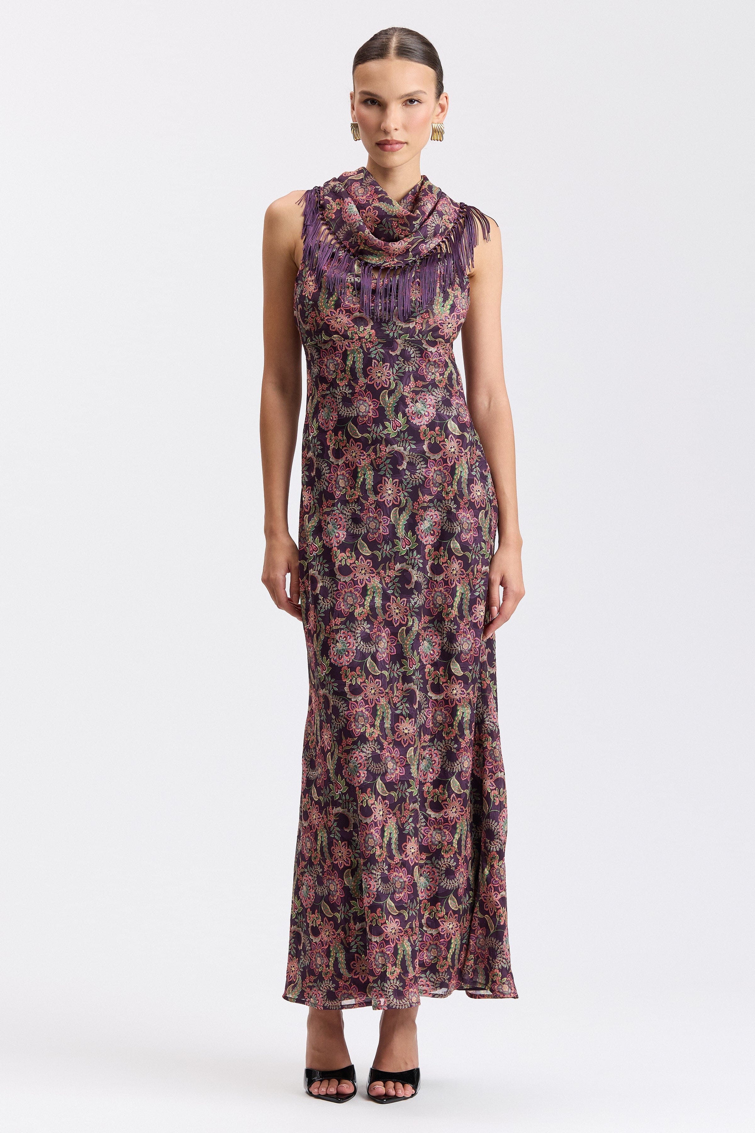 Paisley print maxi dress with scarf and adjustable straps - Women's printed maxi dresses by Avec Les Filles.