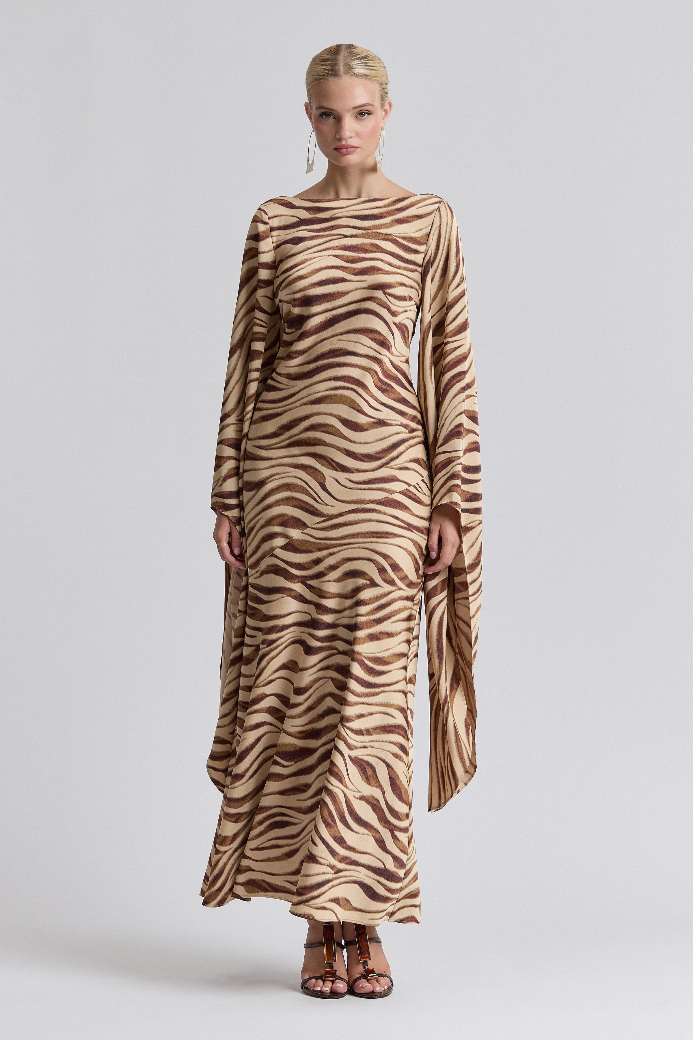 Satin zebra print maxi dress with boat neck and high-low sleeves - Shop women's maxi dresses by Avec Les Filles.