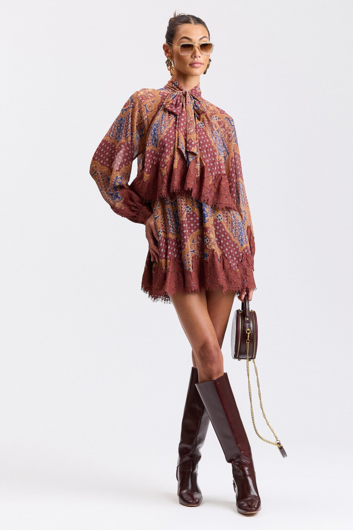 Flared paisley printed long sleeve mini dress with tie neck - Shop women's cute mini dresses by Avec Les Filles.