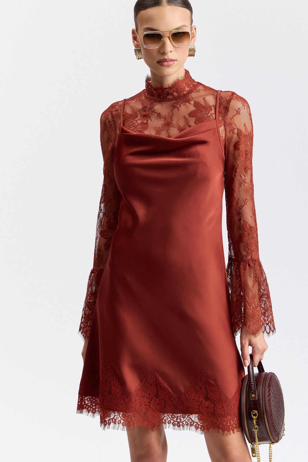 Satin mini red dress with flared scalloped sleeves and a cowl-draped neck - Shop women's satin dresses by Avec Les Filles.