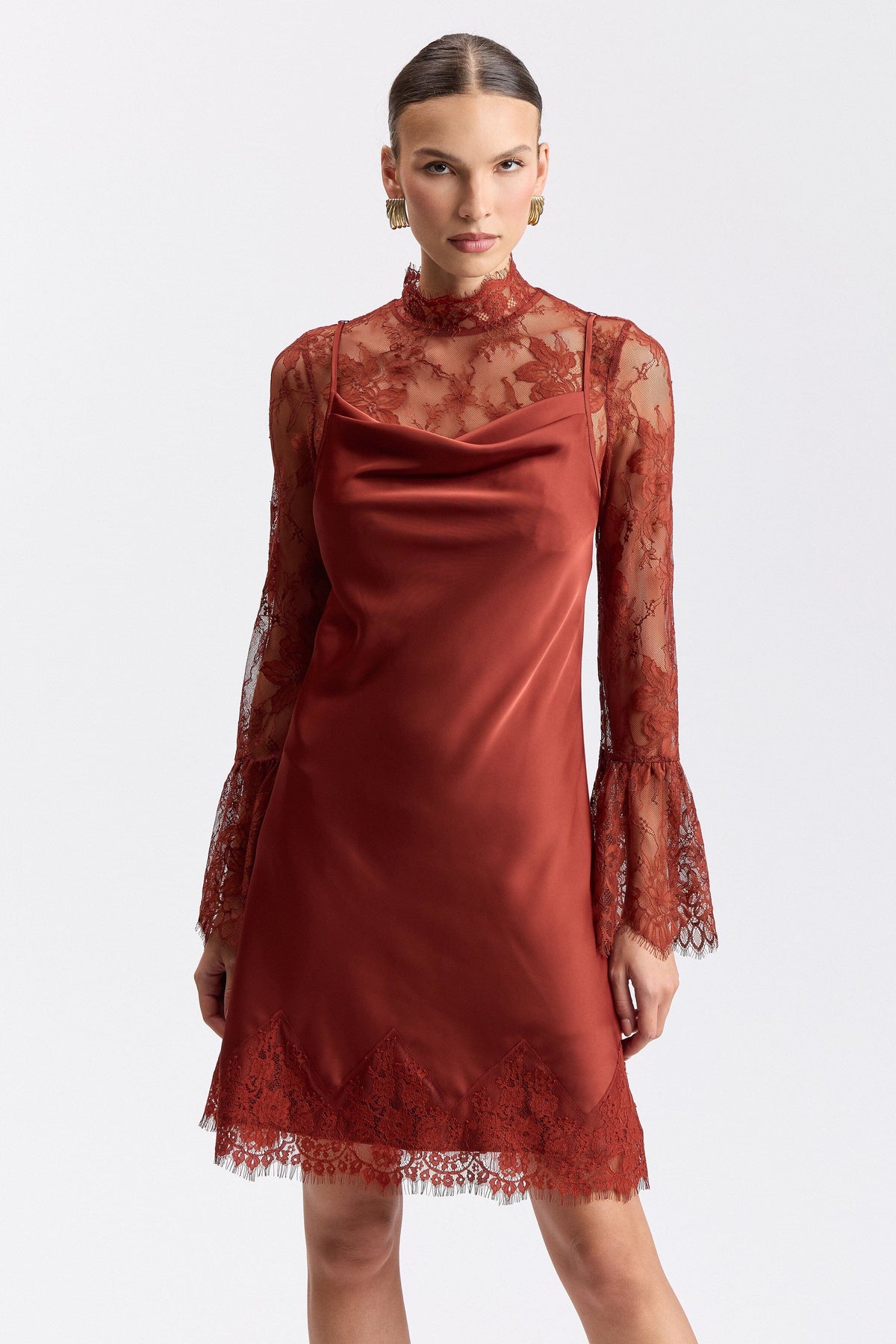 Red satin dress with flared scalloped sleeves and a cowl-draped neck - Shop women's satin dresses by Avec Les Filles.