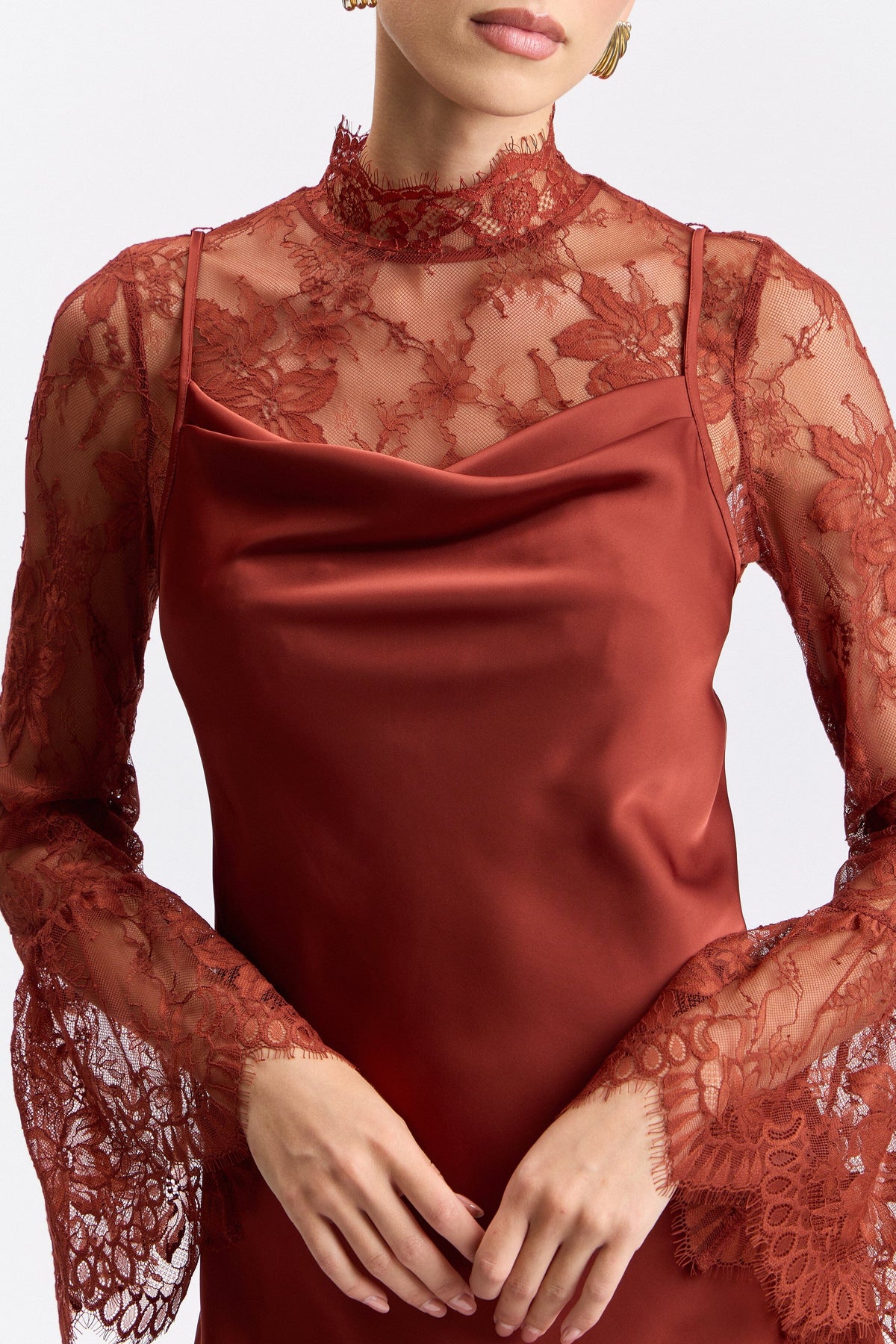 Satin red dress with flared scalloped sleeves and a cowl-draped neck - Shop women's satin dresses by Avec Les Filles.