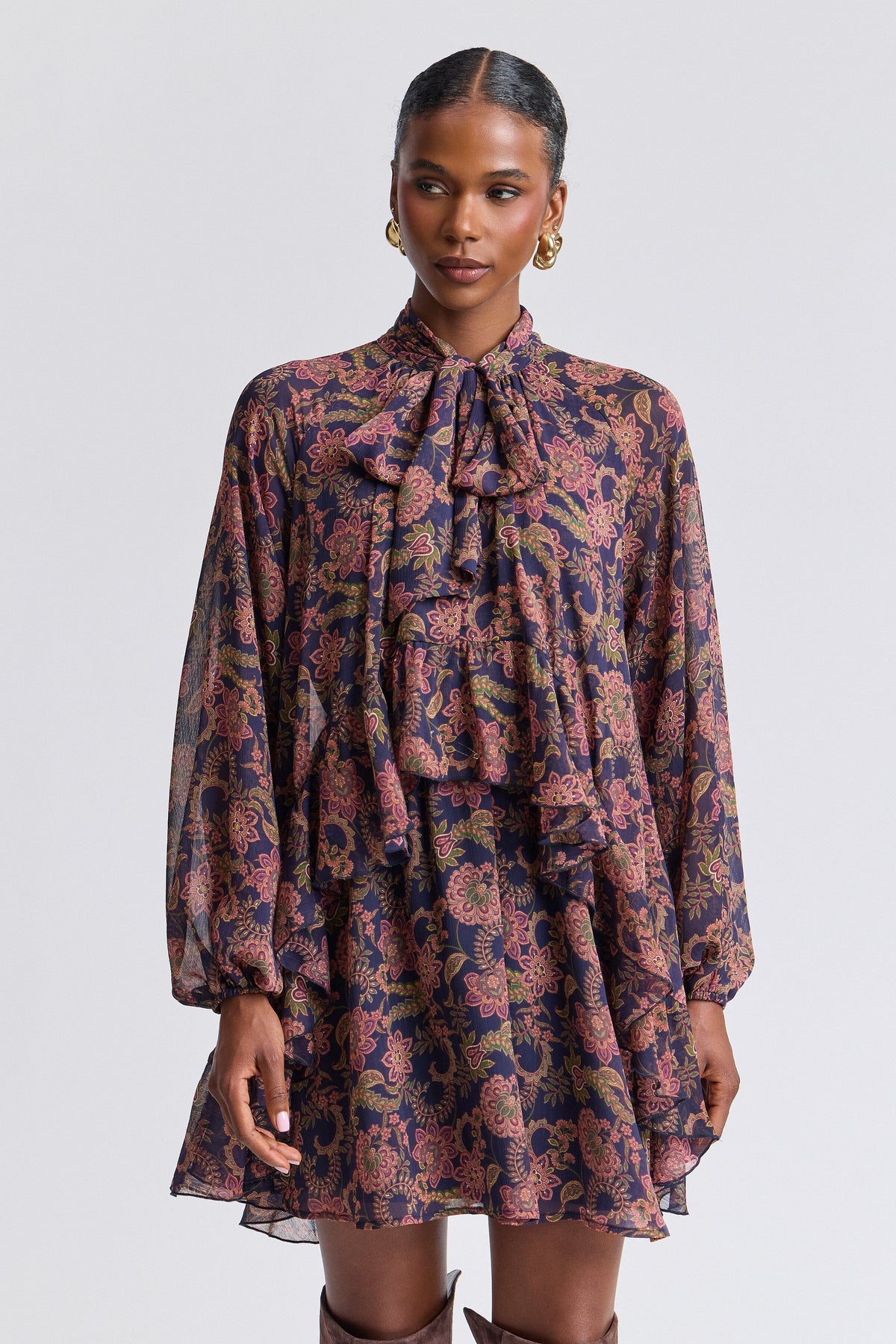 Chiffon ruffle long sleeve mini floral dress with a tie neck - Shop women's mini floral dresses by Avec Les Filles.
