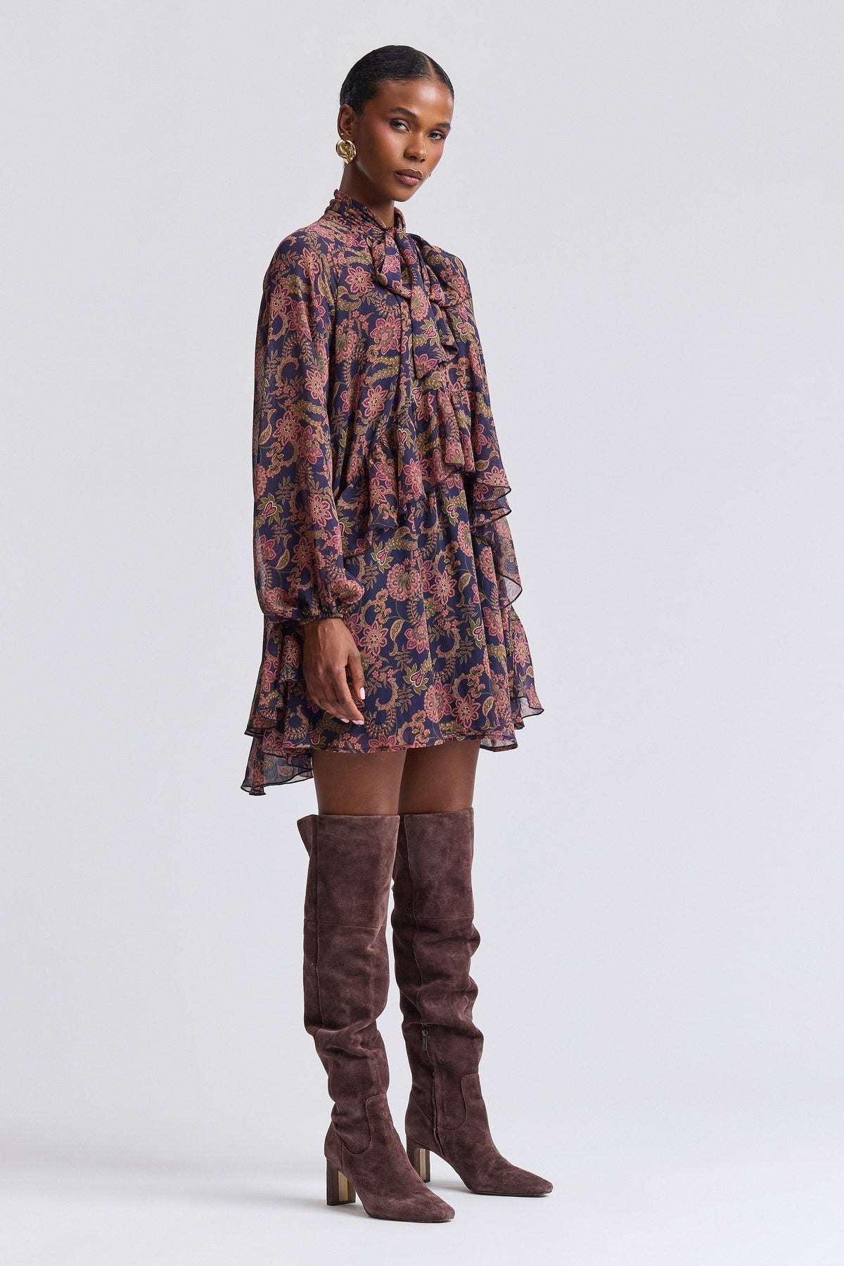 Paisley chiffon long sleeve flowy mini dress with a tie neck - Shop women's mini floral dresses by Avec Les Filles.