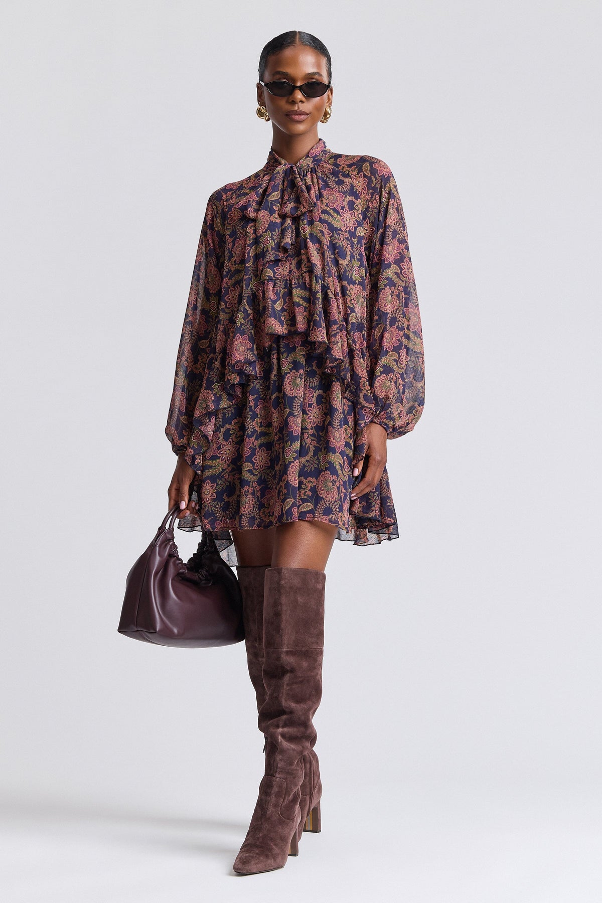 Paisley chiffon ruffle mini flowy dress with a tie neck - Shop women's cute mini floral dresses by Avec Les Filles.